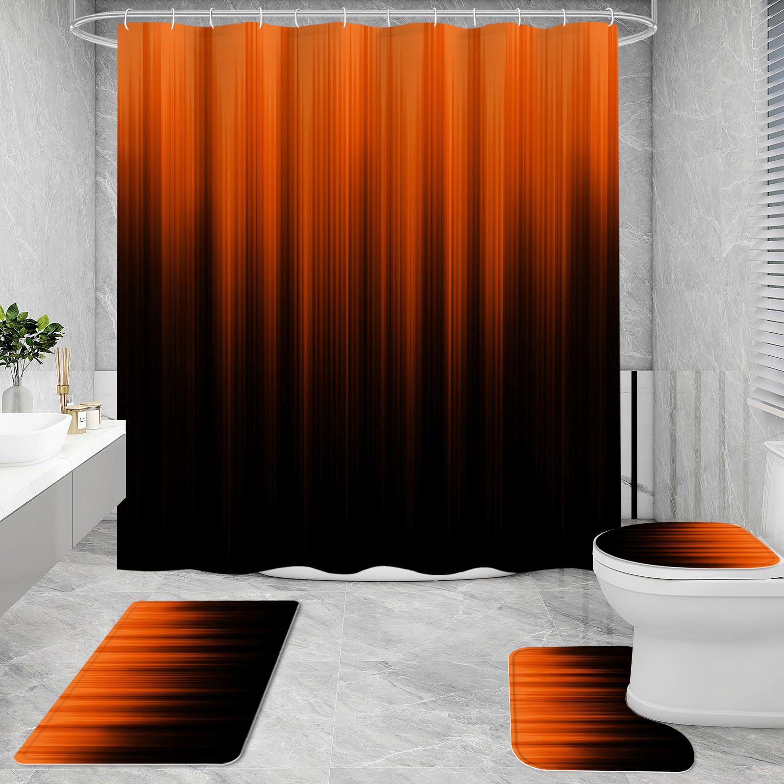 Litabel 4 Pcs Orange And Black Gradient Shower Curtain Set With Rugs And Toilet Lid Cover, Modern Simple Waterproof Fabric Bathr