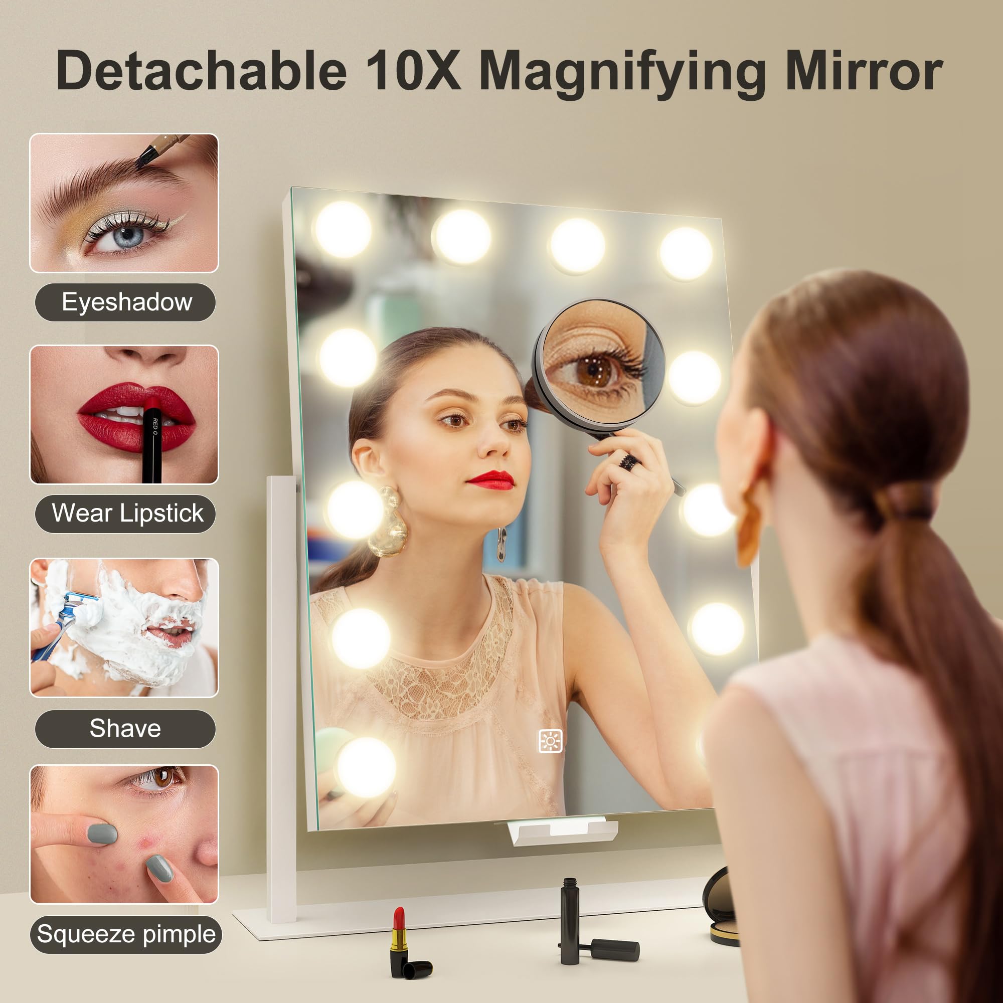 S'Bagno Vanity Mirror With Lights, 12 Dimmable Led Bulbs, Detachable 10X Magnifying Mirror, Touch Control, Usb Rechargeable, Tab