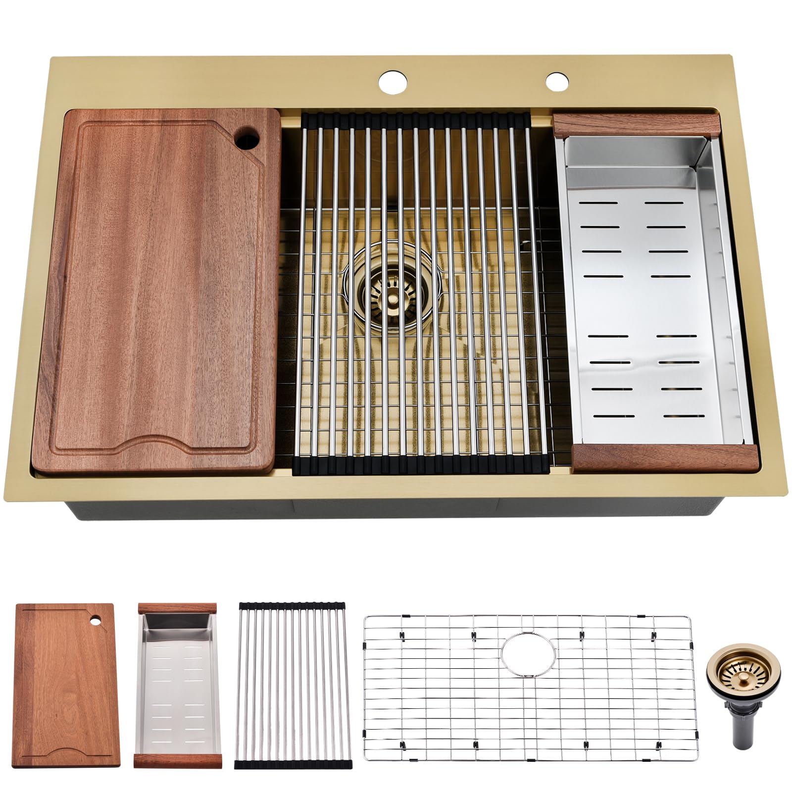 33 Inch Gold Kitchen Sink Drop In Workstation-Somrxo 33  22 Drop In Kitchen Sink Gold Workstation Sink 16 Gauge Gold Stainlesss