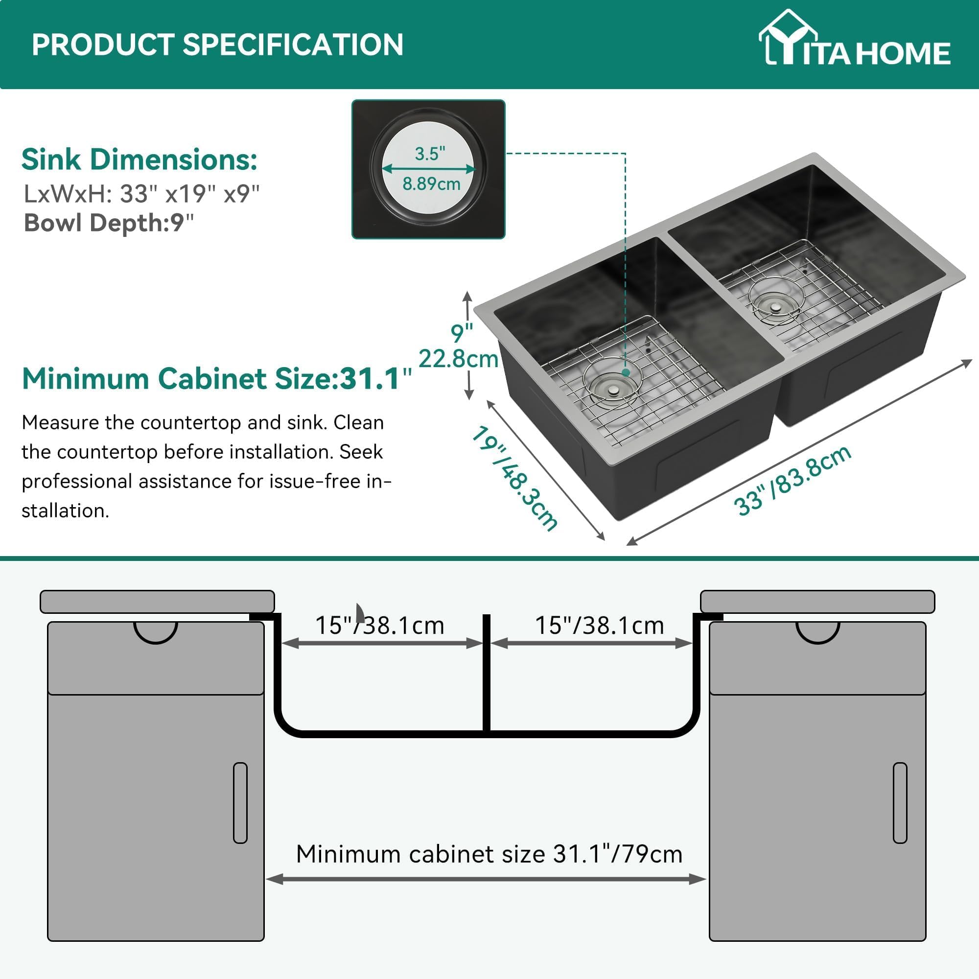 Yitahome Black Kitchen Sink 33In Undermount Sink 50/50 Double Bowl 16 Gauge Stainless Steel Nano Gunmetal Black Sink With Access