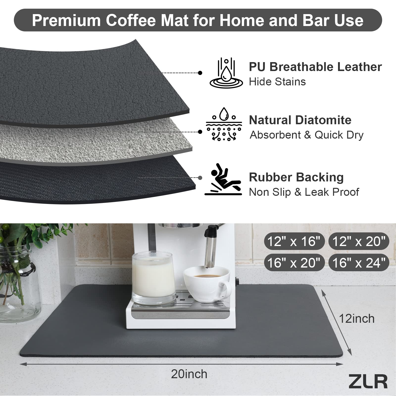 Zlr Coffee Mat - 12'' X 20'' Middle Kitchen Absorbent Mat For Countertop - Easy To Clean Coffee Bar Mat For Coffee Machine, Coff