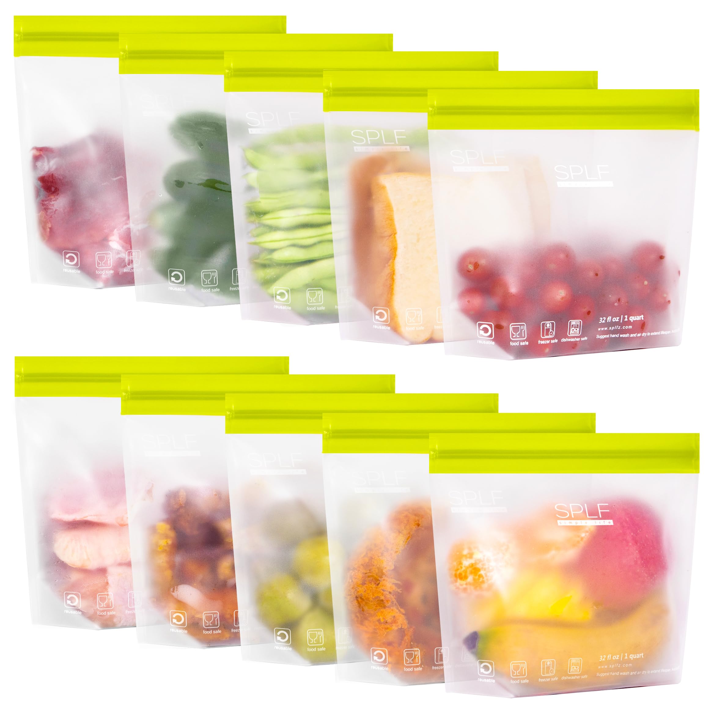 SPLF 10 Pack Stand-Up Reusable Quart Freezer Bags Dishwasher Safe, Extra Thick Leakproof 1 Quart Food Storage Bags, BPA Free Bag