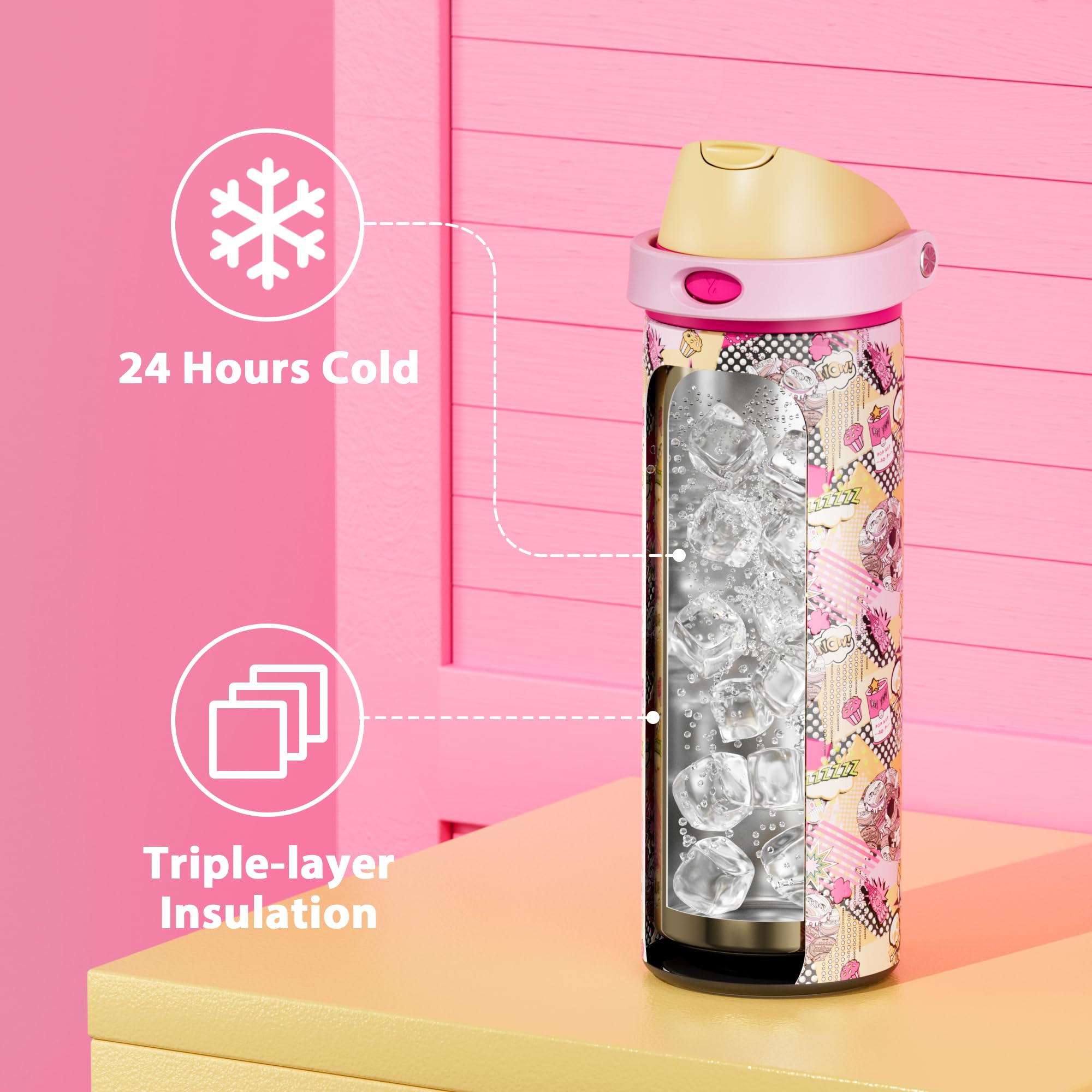 24 oz Halloween Insulated Water Bottle: Meoky Stainless Steel Water Bottle with Straw and Spout Lid - Leak Proof, Cold for 24 Ho