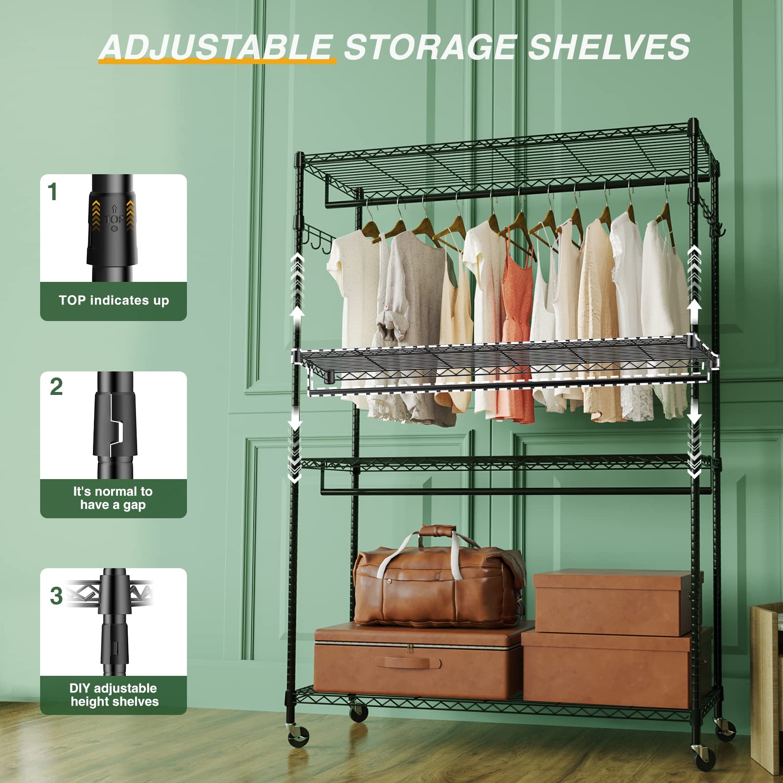 LEHOM G1 3 Tiers Garment Rack with Storage Shelves  Heavy Duty Rolling Free-Standing Clothing Rack Closet Organizer with Double Rods/Lockable Wheels & 2 Pairs Side Hooks  Max Load 450 LBS  Black