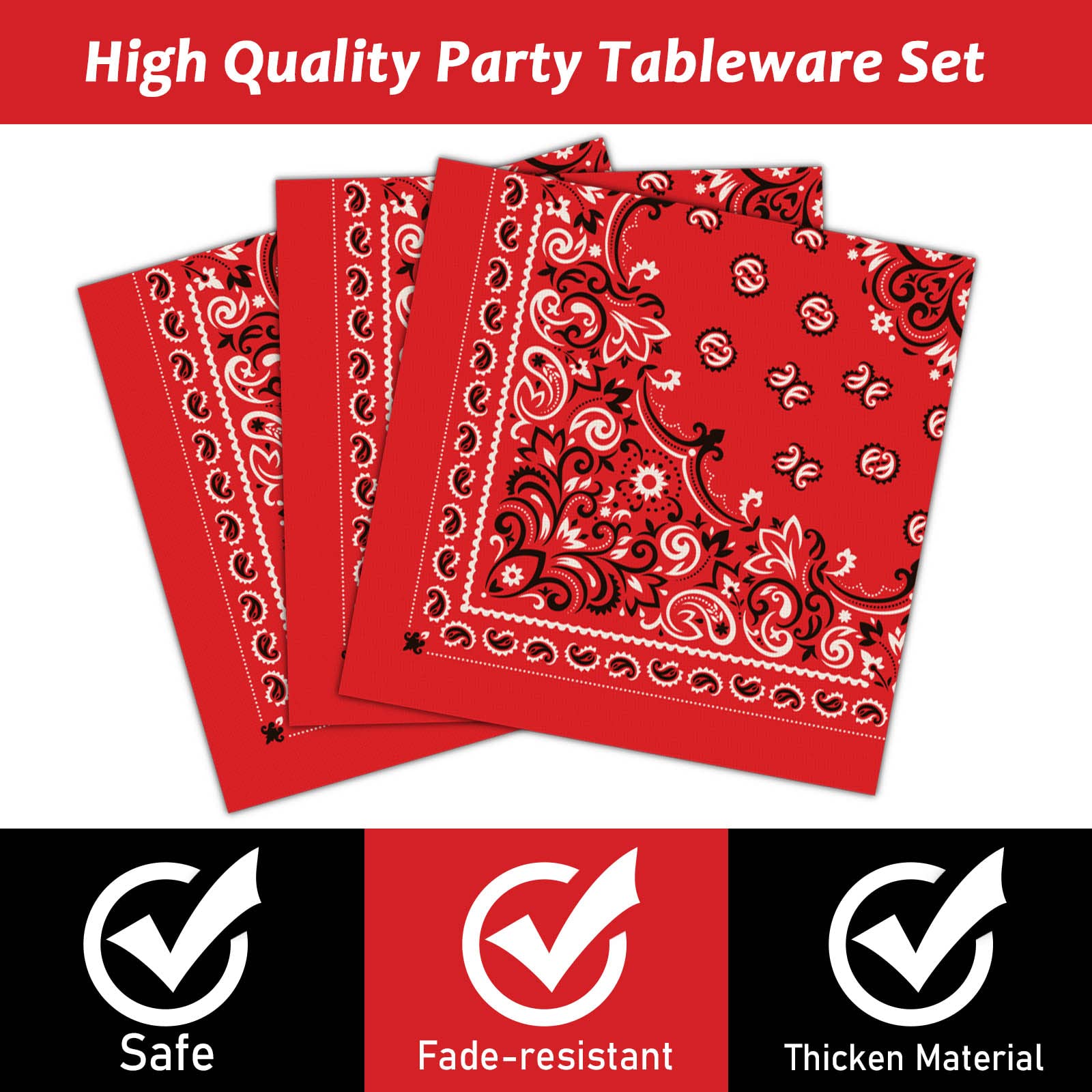 Wiooffen 96 Pcs Red Bandana Western Party Supplies Paisley Cowboy Cowgirl Farm Themed Party Decoration Bandana Western Party Tab