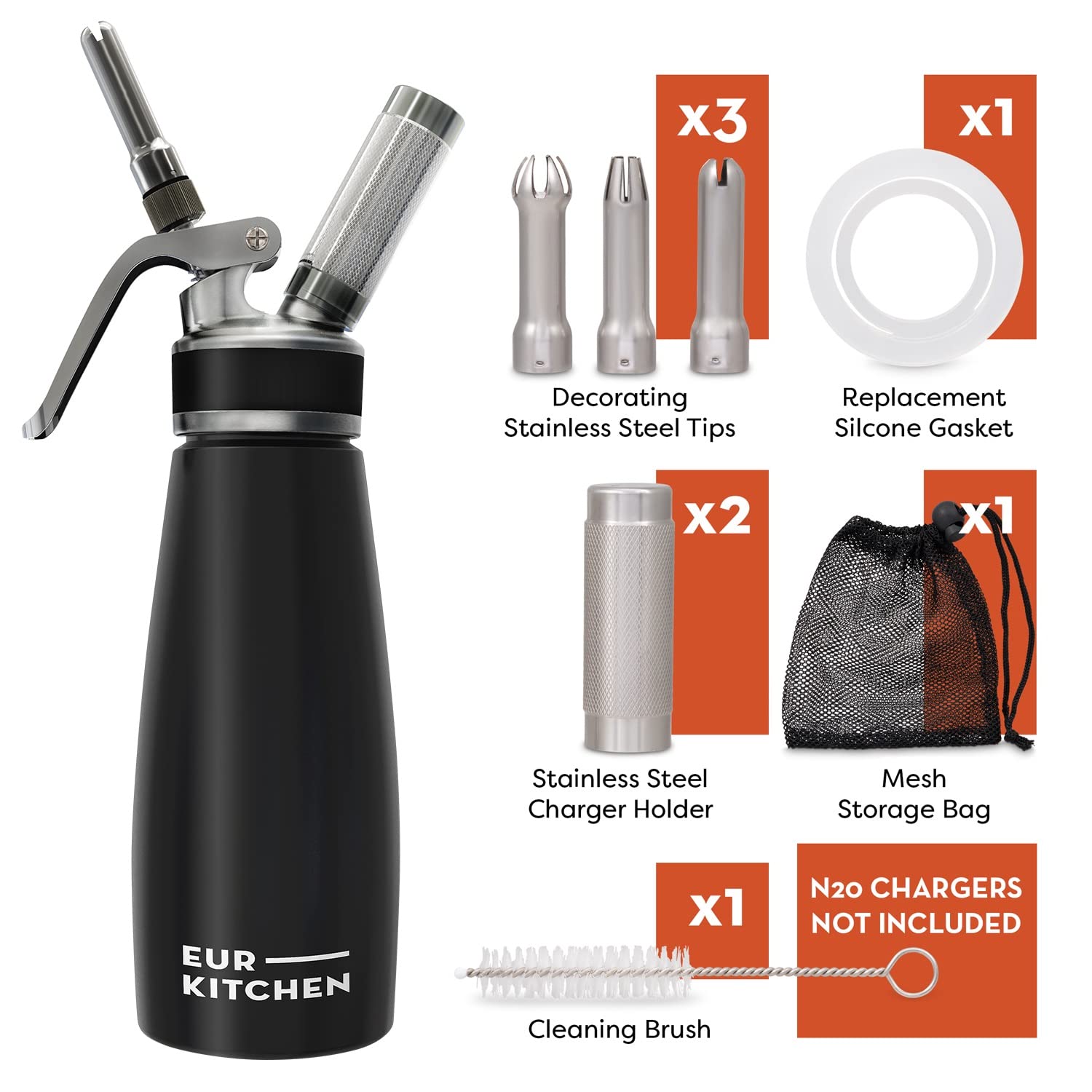 EurKitchen Stainless Steel Whipped Cream Dispenser - 3 Nozzles & Brush, 1 Pint, Leak-Free, Model EK-SSWHIP-19, Black - Stainless Steel