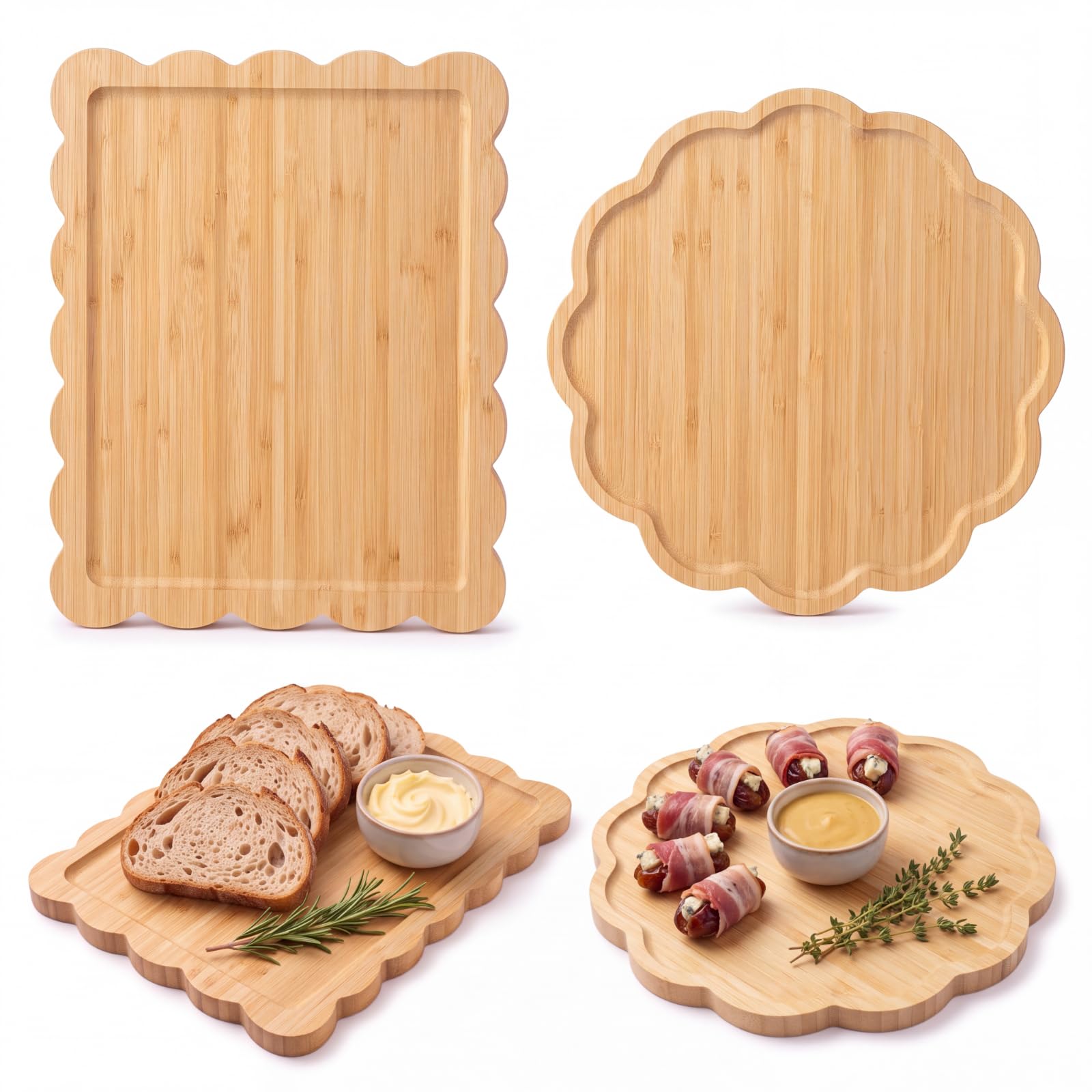 Set of 2 Scalloped Wood Charcuterie Board Kitchen Serving Trays Decorative