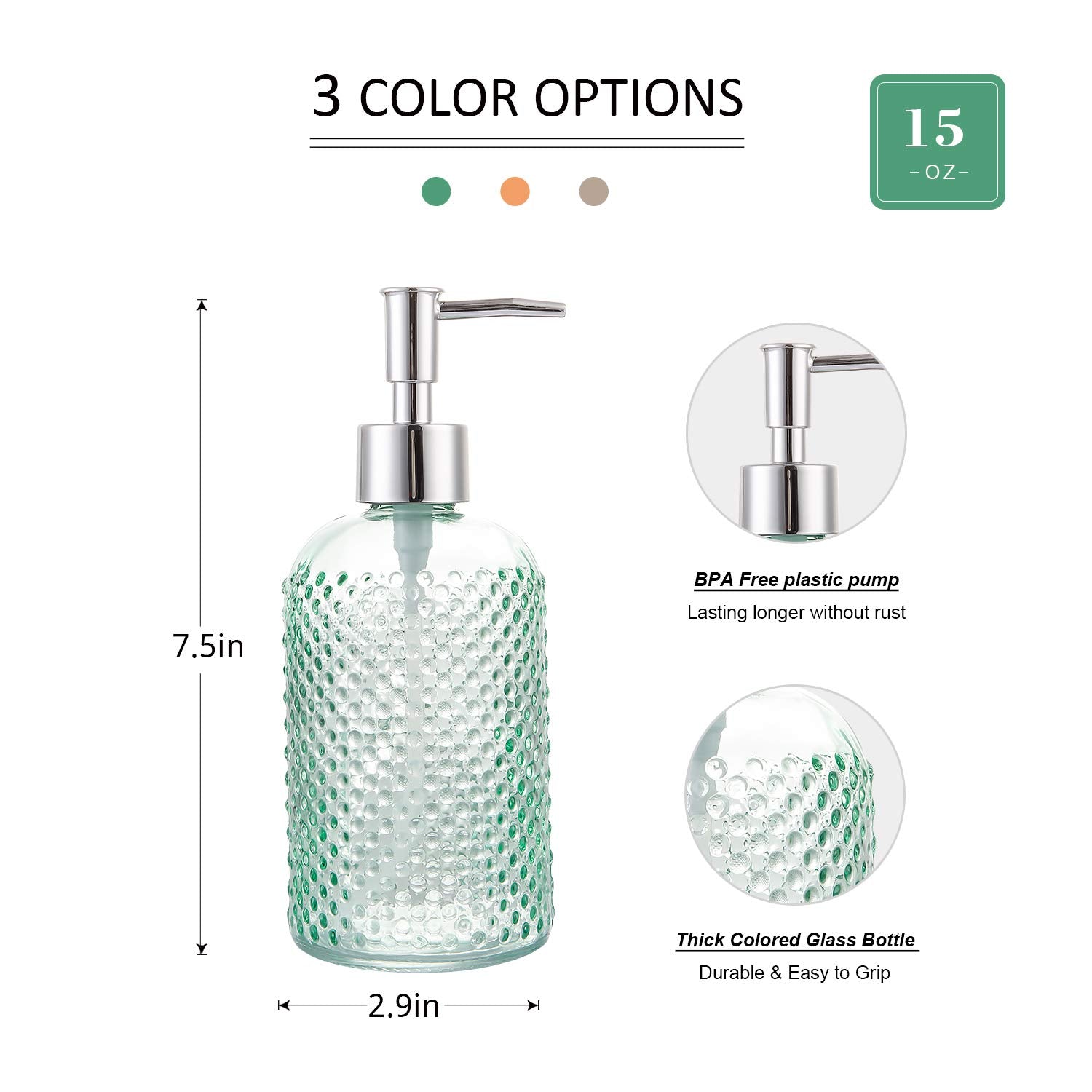 Cutiset 3 Pack Assorted Glass 15 Ounce Lotion Soap Dispenser Bottle with Pump for Bathroom  Kitchen