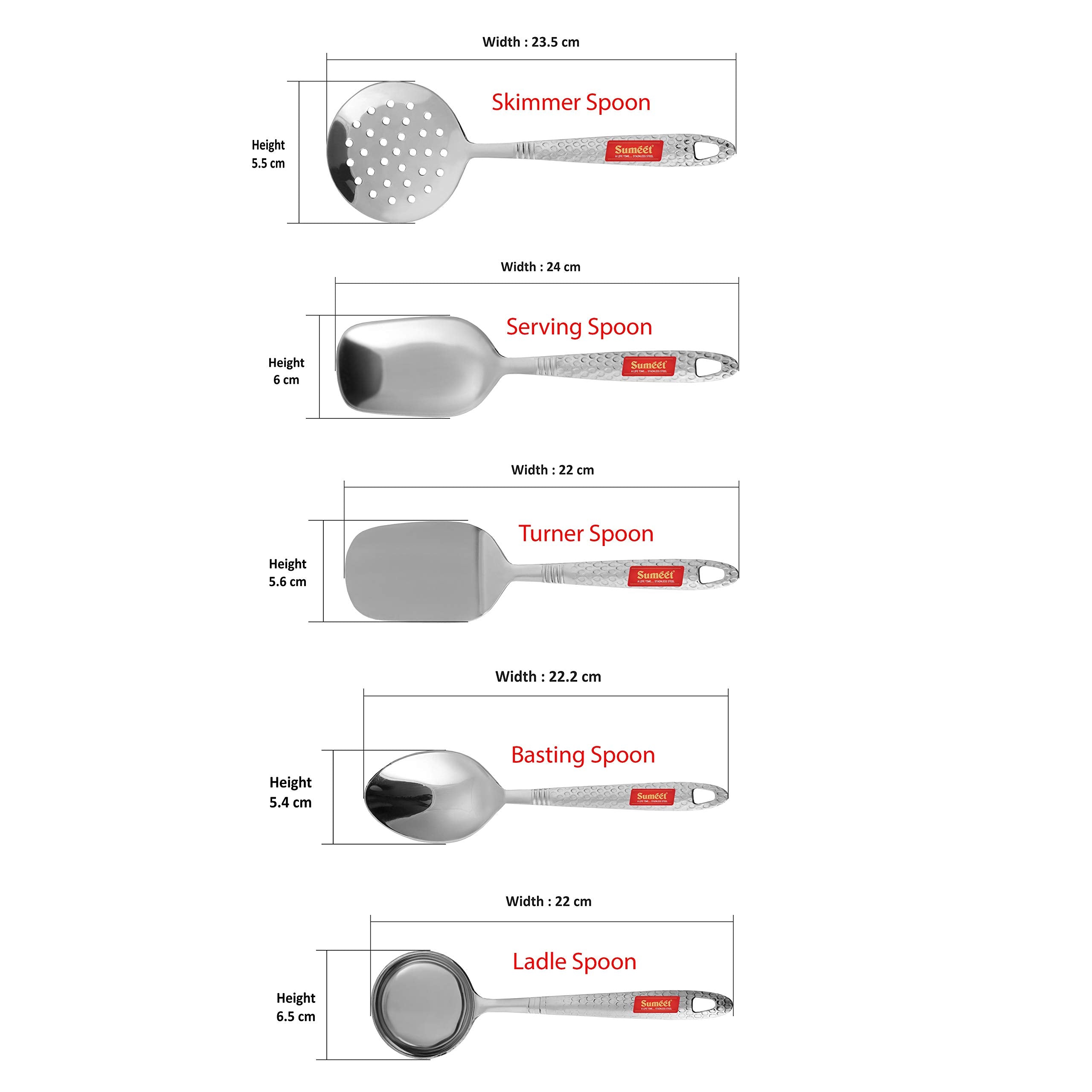Sumeet Stainless Steel Small Serving And Cooking Spoon Set Of 5Pc (1 Turner, 1 Serving Spoon, 1 Skimmer, 1 Basting Spoon, 1 Ladl