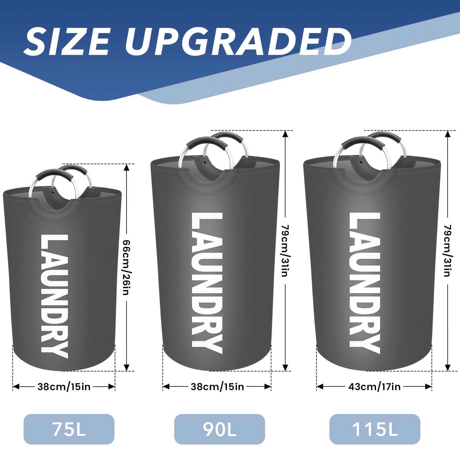 EpicTotes 90L Large Laundry Basket  Freestanding Waterproof Laundry Hamper  Collapsible Folding Tall Clothes Hamper  Easy Carry with Foam Protected Aluminum Handles for Dorm  Family  Travel (Grey)