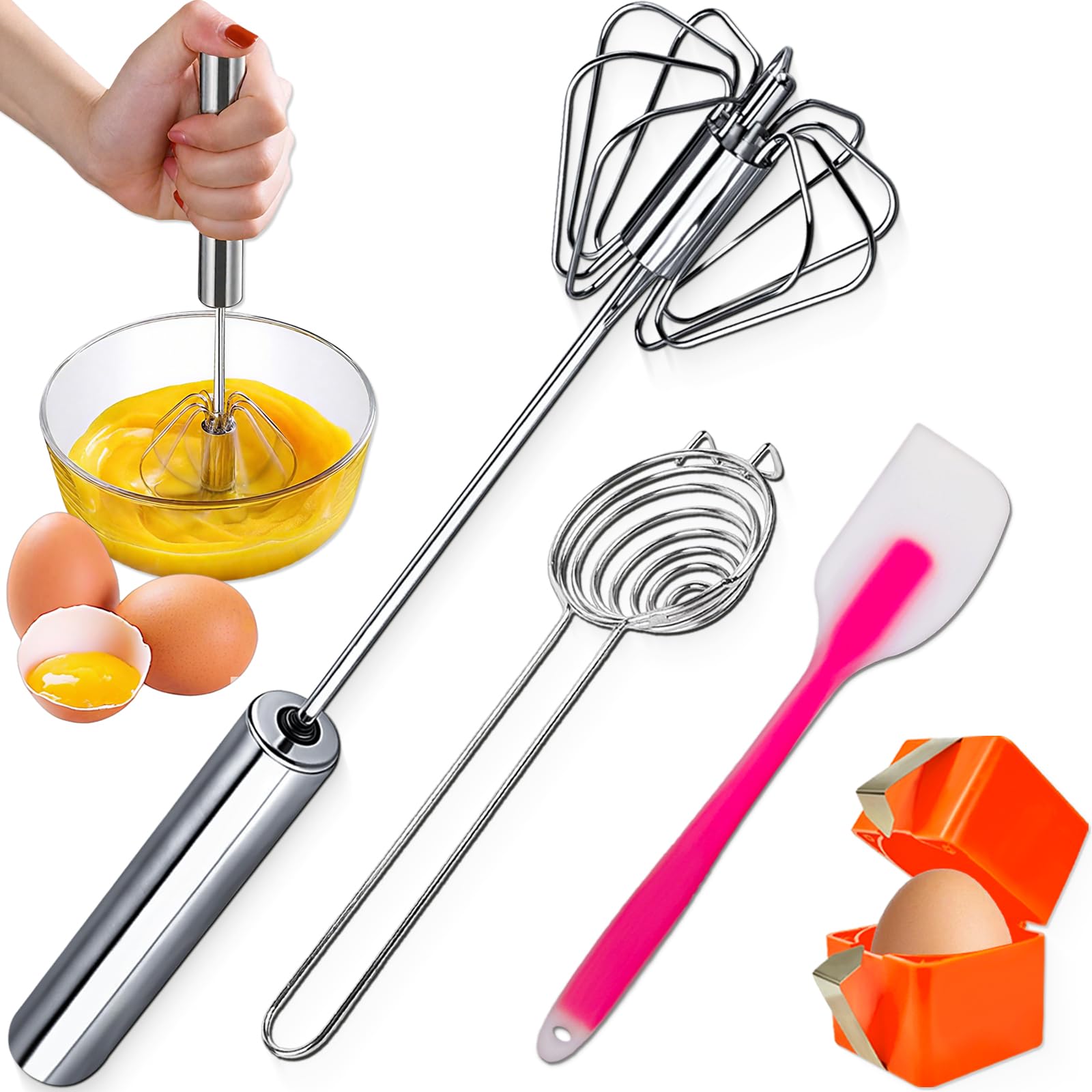 Newness Whisk Whizzy SetSemiAutomatic Stainless Steel Egg Beater + Silicone Spatula + Egg Opener + Egg Separator  Cordless & E