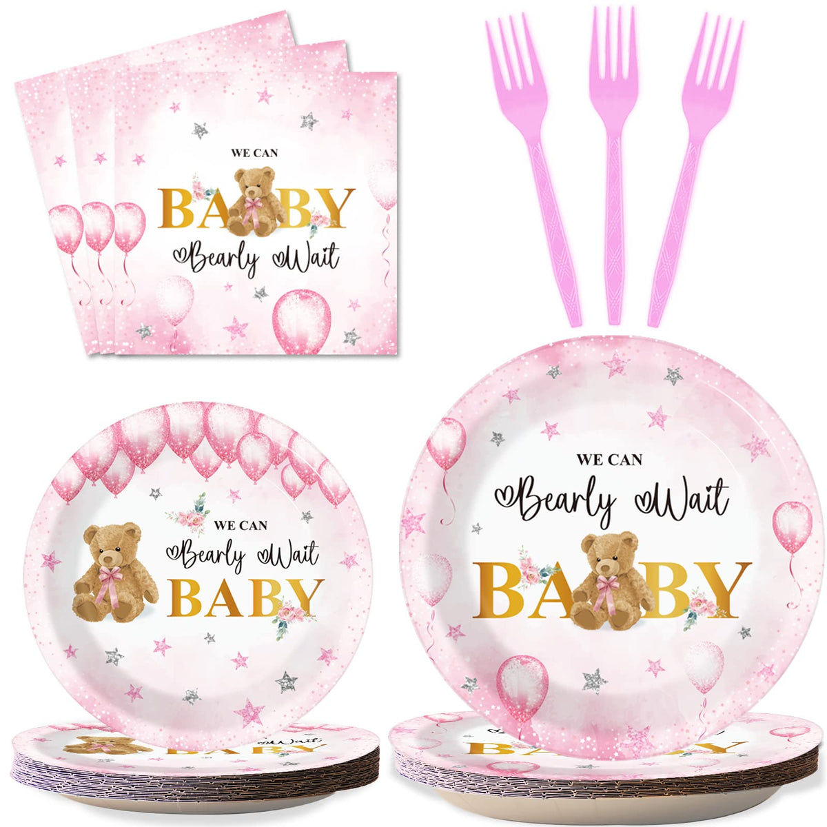 96 Pieces Bear Baby Shower Decorations Balloon Stars Tableware Set Pink We Can Bearly Wait Baby Dessert Plates Bear Flower Party