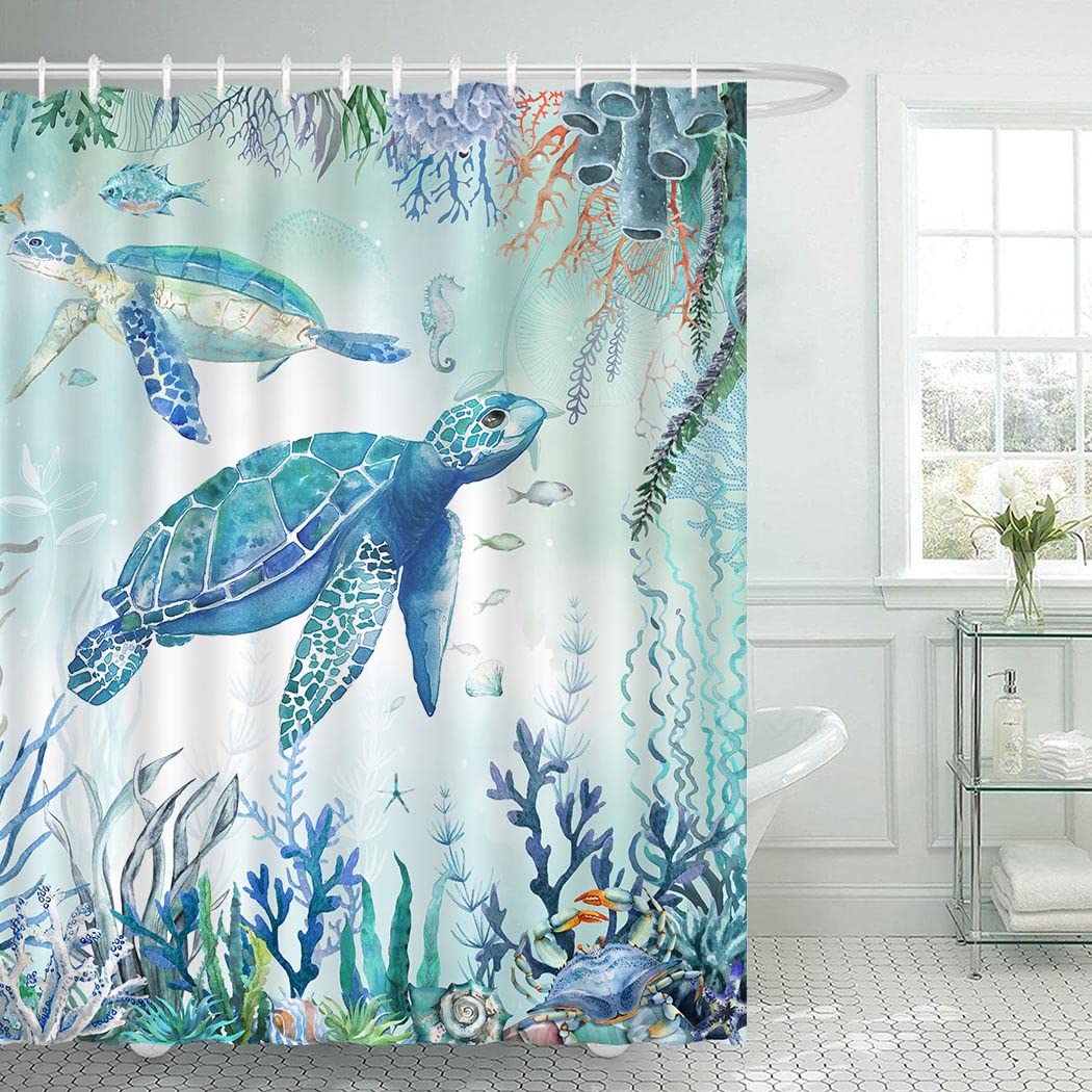 Juirnost Sea Turtle Shower Curtain Beach Coastal Shower Curtains For Bathroom Ocean Turtle Bathroom Decor Underwater Seashell Tr