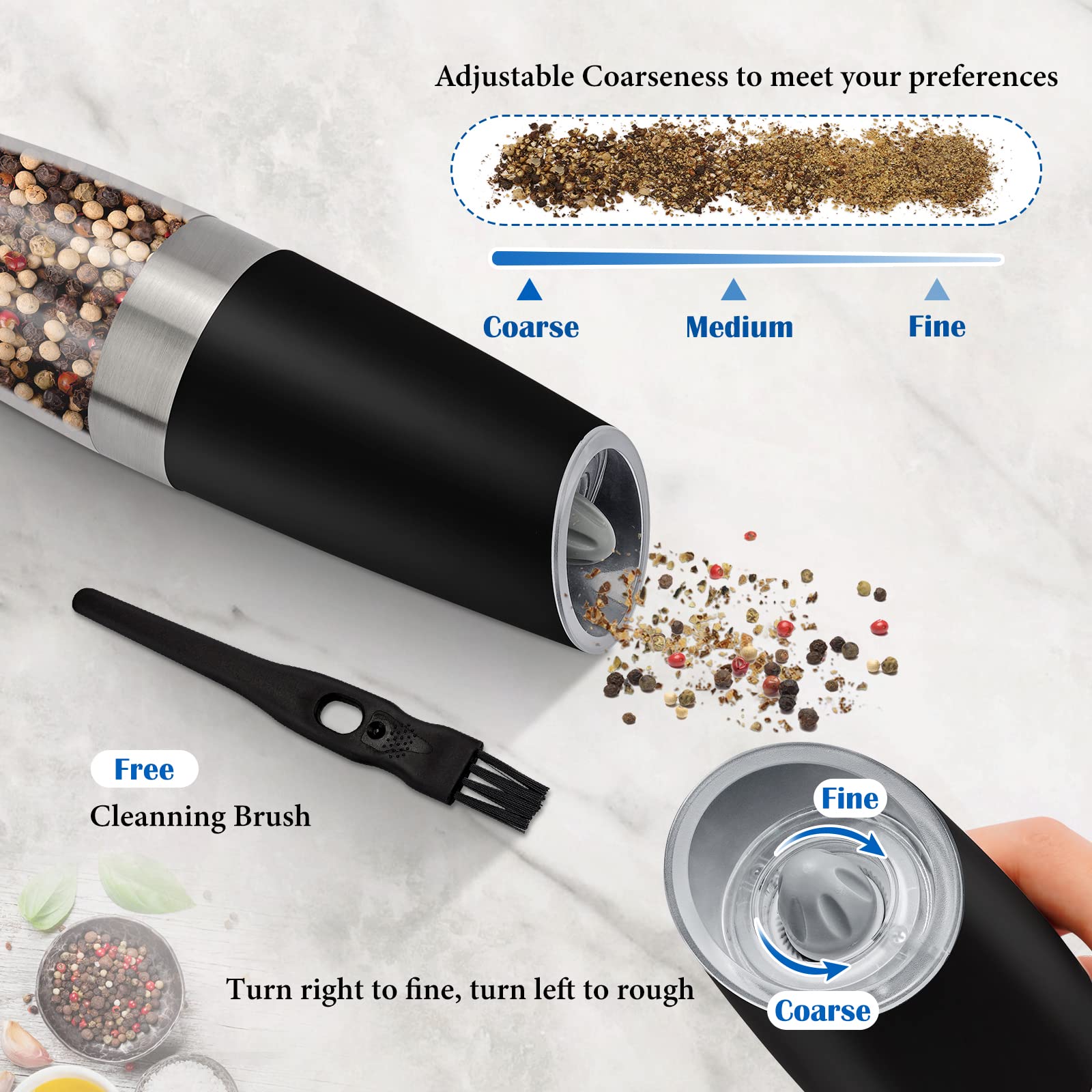 Gravity Electric Salt And Pepper Grinder Set, Battery Powered Led Light One Hand Automatic Operation, Adjustable Coarseness Mill