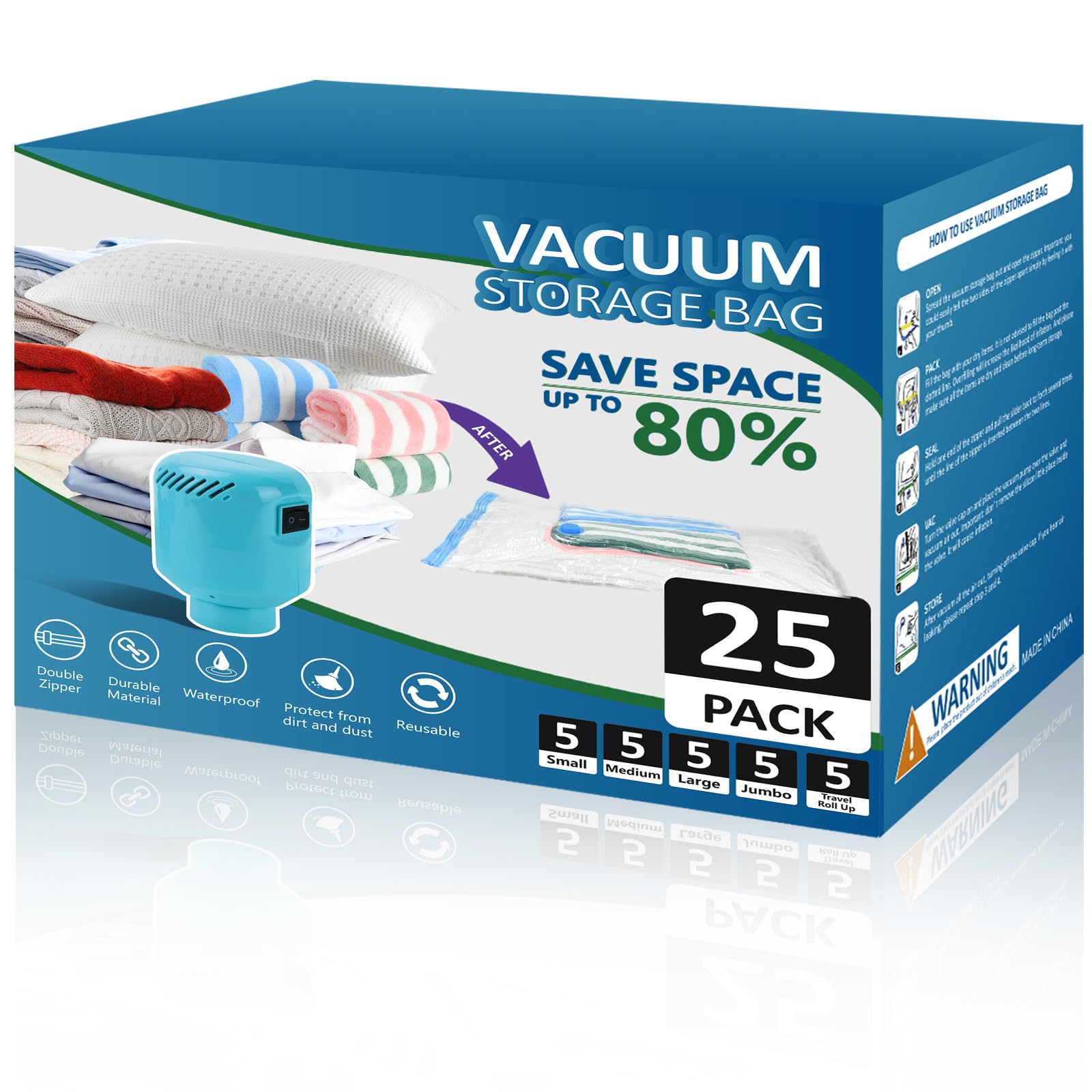 Hotbag Large Vacuum Storage Bags With Electric Pump 25Pack(5 Jumbo/5 Large/5 Medium/5 Small/5 Roll Up Bags) Vacuum Seal Bags For