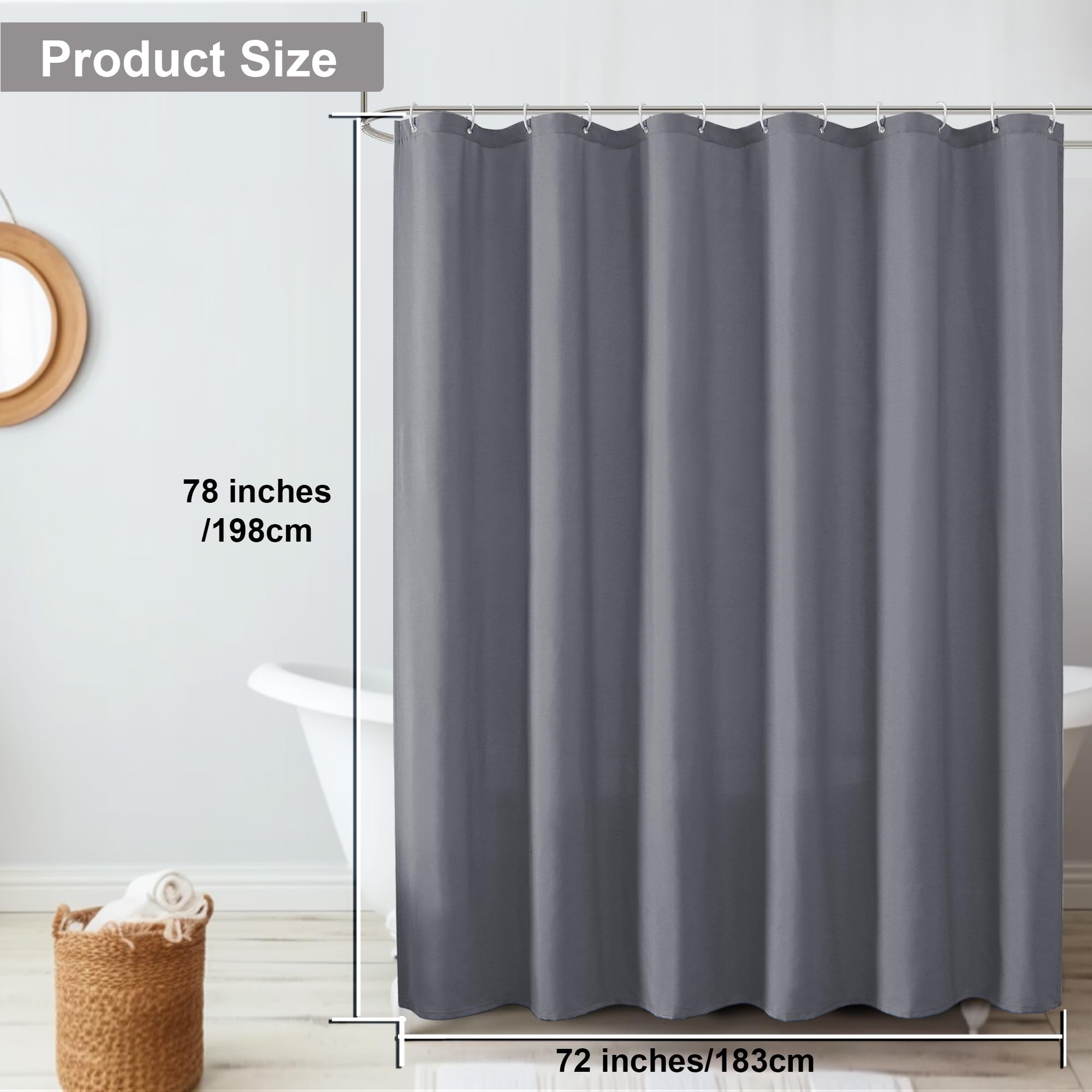 Ovzme Zora 78 Inch Shower Curtain Set With 12 Plastic Hooks, Plain Fabric Grey Shower Curtain For Bathroom - Long Shower Curtain