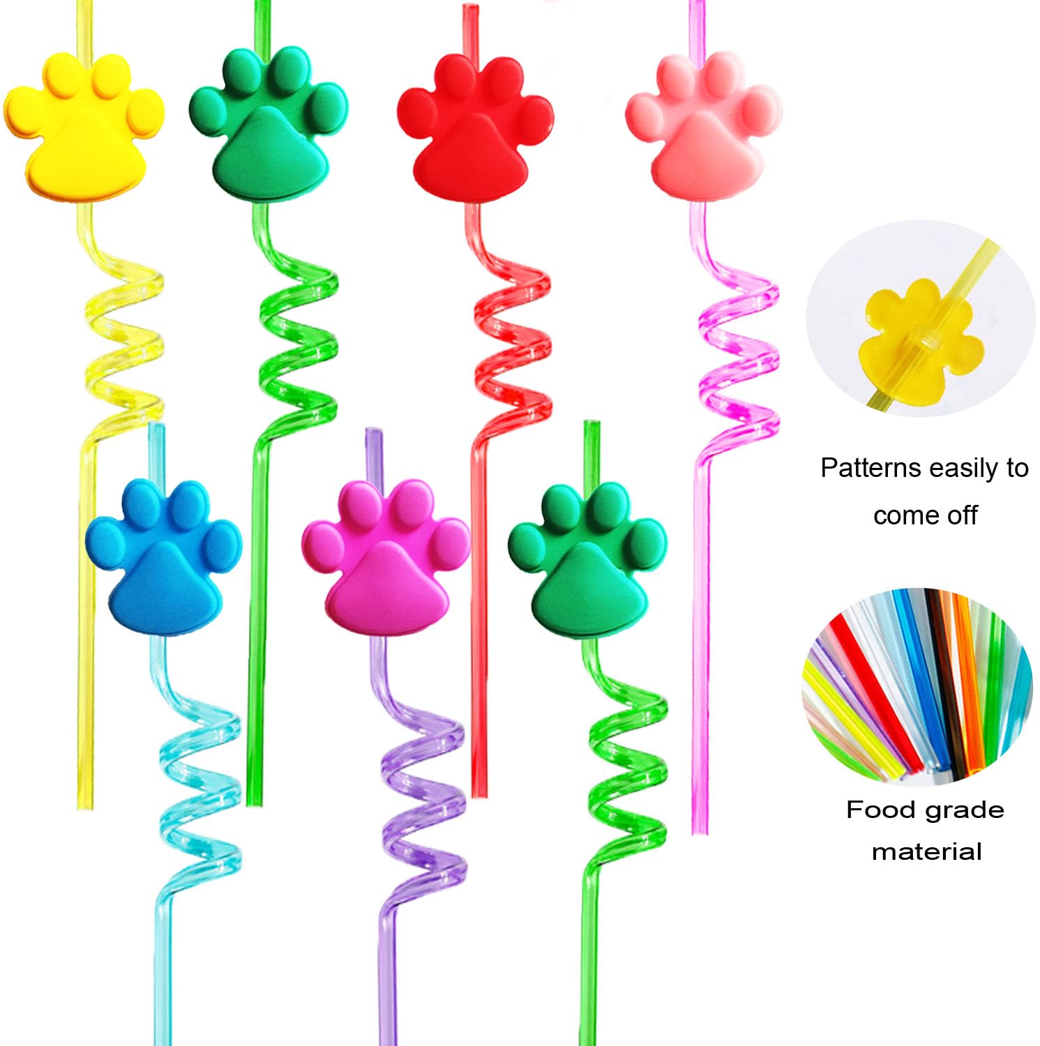 Paw Straws Birthday Party Decorations Supplies, 24Pcs Paw Print Patrol Reusable Plastic Fun Cute Crazy Silly Drinking Straws+2Pc