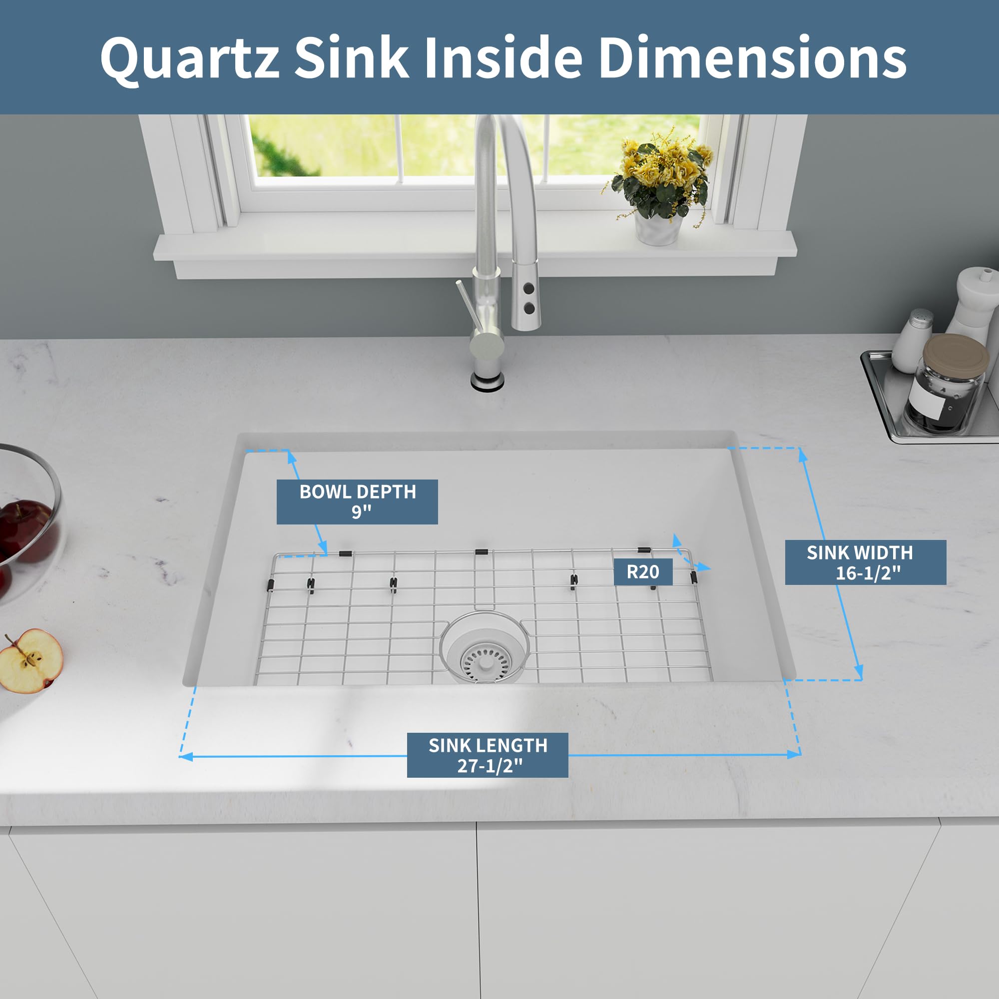 Monsinta Undermount Kitchen Sink, 30 Inch White Kitchen Sink, Granite Composite Sink, Single Bowl Kitchen Sink, Kitchen Sink Und