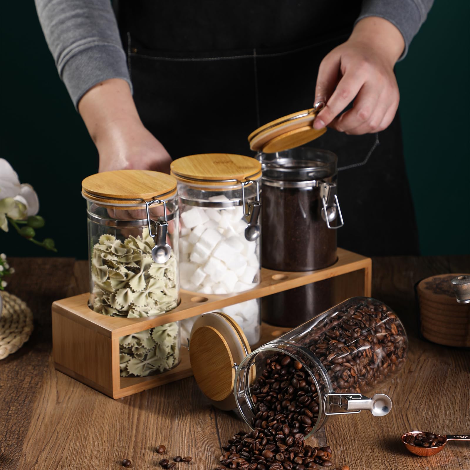 Gurudar Glass Coffee Storage Container With Bamboo Shelf, 3Pcs 49Oz Airtight Sealed Coffee Bean Jar With Clamp Lid & Measuring S
