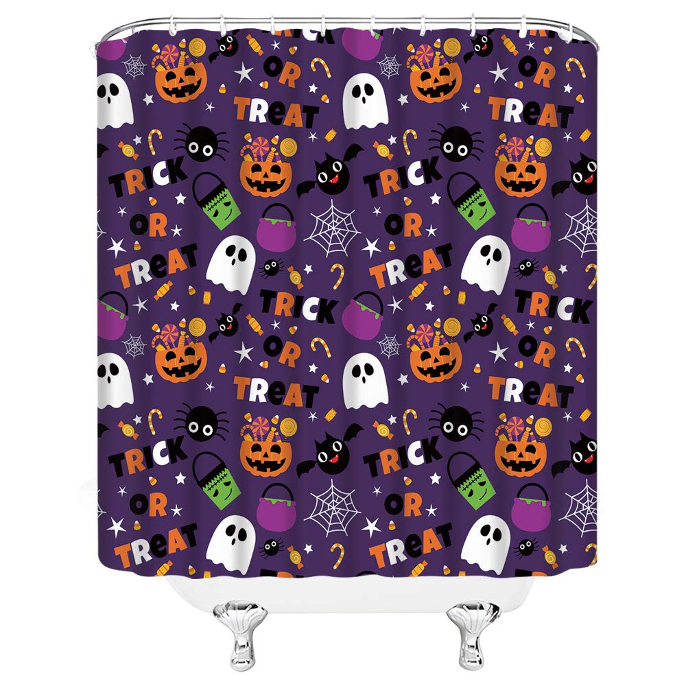 Halloween Shower Curtain Funny Ghost Pumpkin Treat Or Trick Sugar Spider Bat Cartoon Halloween Things Happy Holiday Spooky Fabri