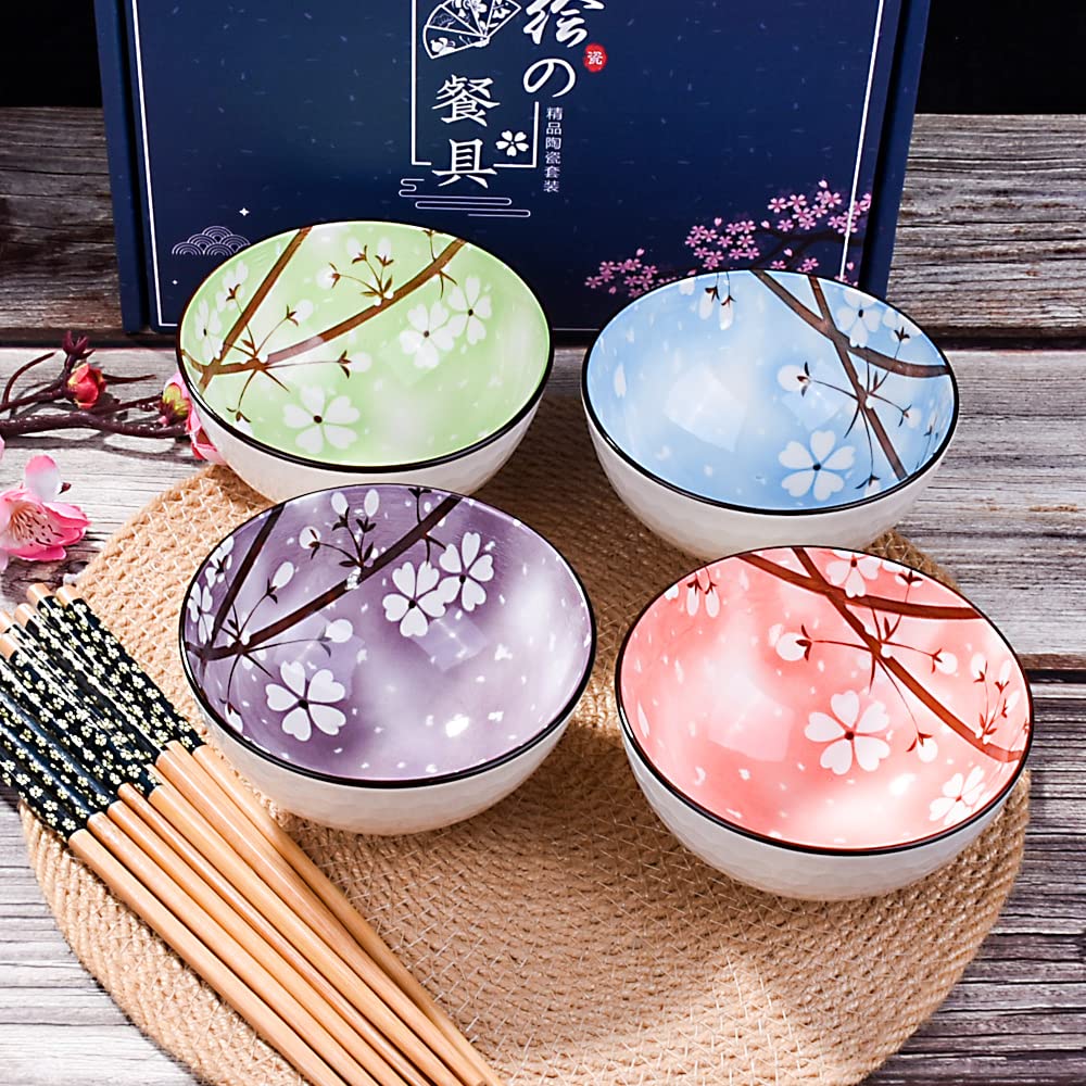 Japanese Style Ceramic Rice Bowl And Chopstick Set Of 4, Assorted Designs And Color With Phum Flowers Underglazed Dinnerware Ide