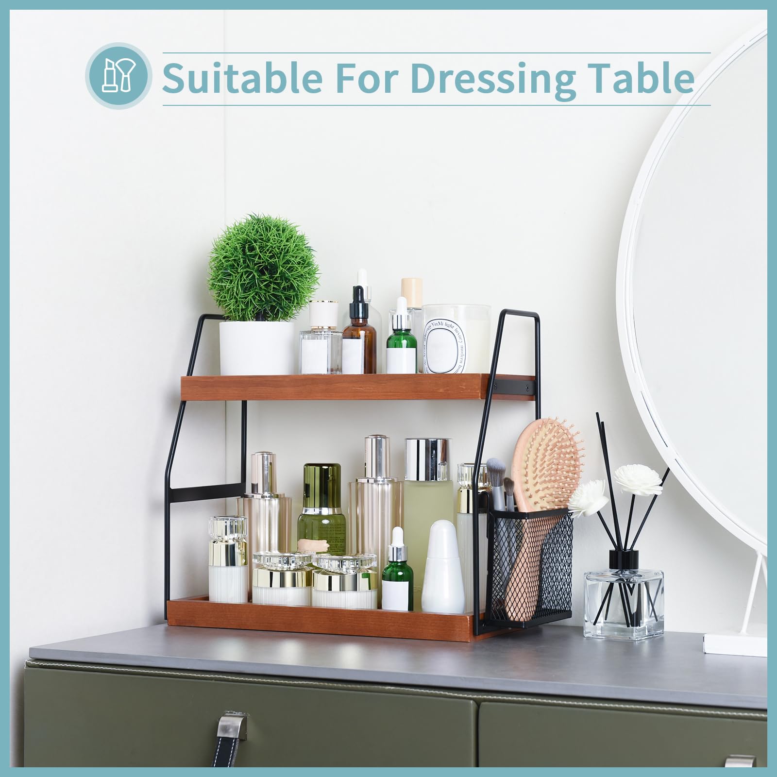 Uneviesyka Bathroom Counter Organizer - 2-Tier Wood Storage Shelf, 14"x6"x13", Brownish, Model 2T-YSJ-Brownish