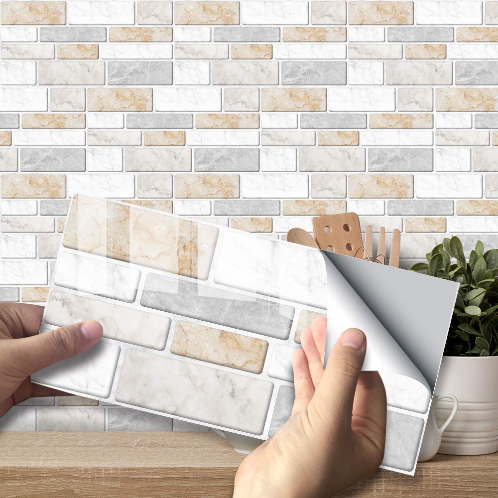 Peel And Stick Vinyl Tile Transfers, Self-Adhesive Backsplash Brick Sticker Wall Tile Decal For Kitchen Bathroom, Gray And Warm