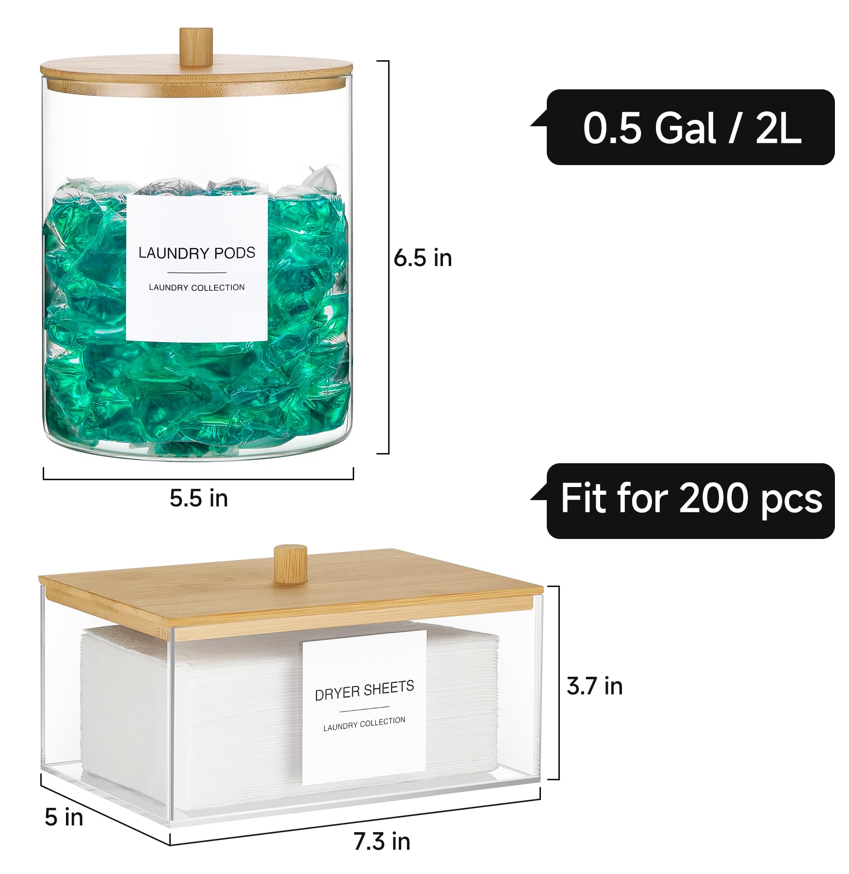 Glass Jars And Acrylic Dryer Sheet Holder, Laundry Pods Container With Bamboo Lid And 27 Labels, Powder Detergent Containers For