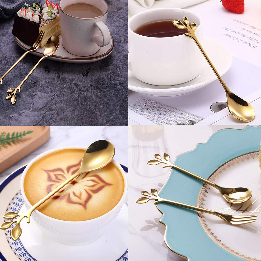 Ansaw 10-Pc Gold Mini Spoons & Forks Set, 4.7'' - Stainless Steel, Leaf Handle, Ideal For Coffee,Tea, Appetizers, Tastings, Part