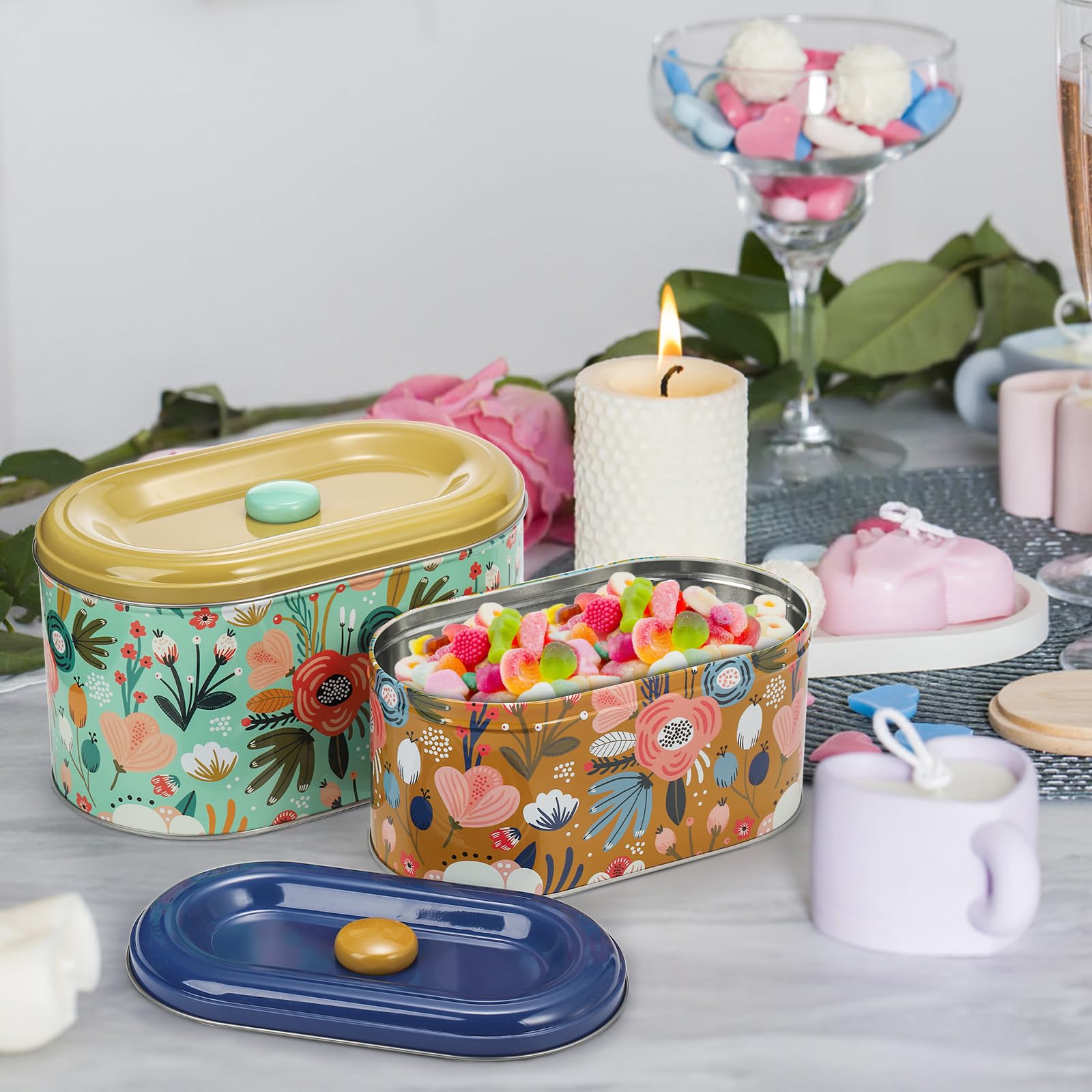 Coloch 2 Pack Tin Cookie Snack Jars With Lid, Metal Biscuit Storage Container Decorative Snack Tin Canister Cute Countertop Tinp