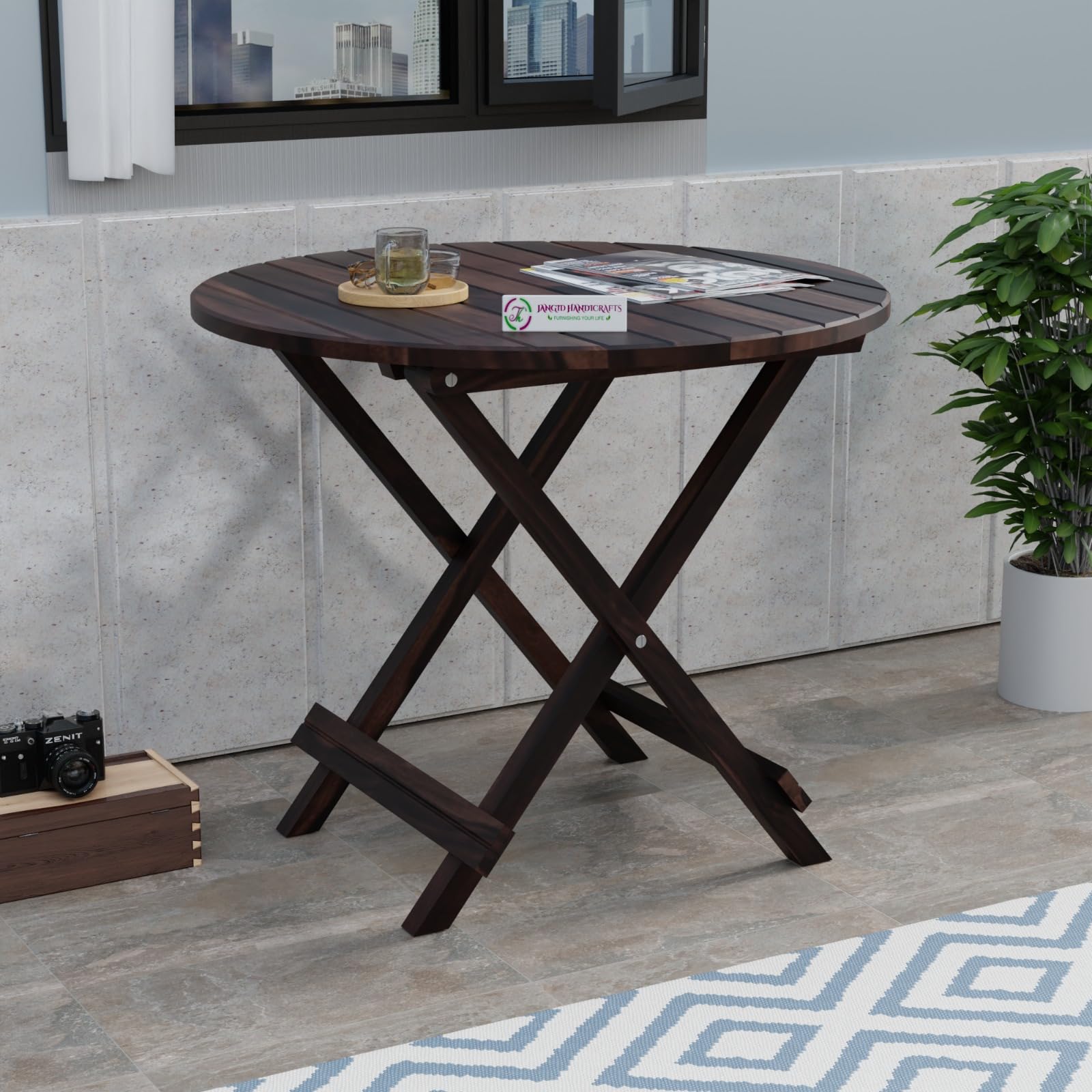 Jangid Handicraft Patio Folding/Foldable Coffee Table For Garden, Outdoor & Balcony, Round, Solid Wood Sheesham, Walnut Finish