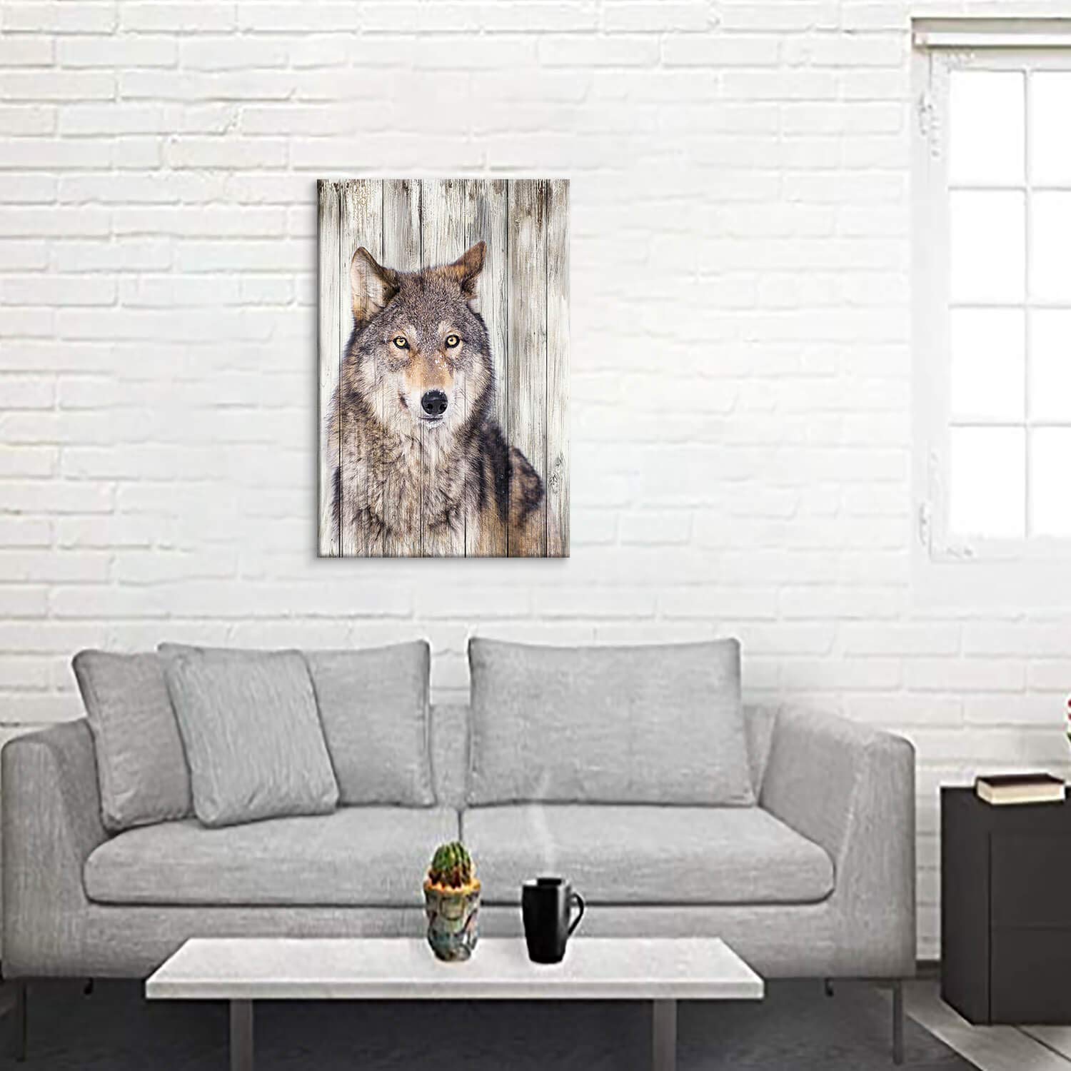 Gray Wolf Canvas Wall Art: Rustic Wooden Textured Background Wild Animal Artwork Wildlife Painting Picture Print For Living Room
