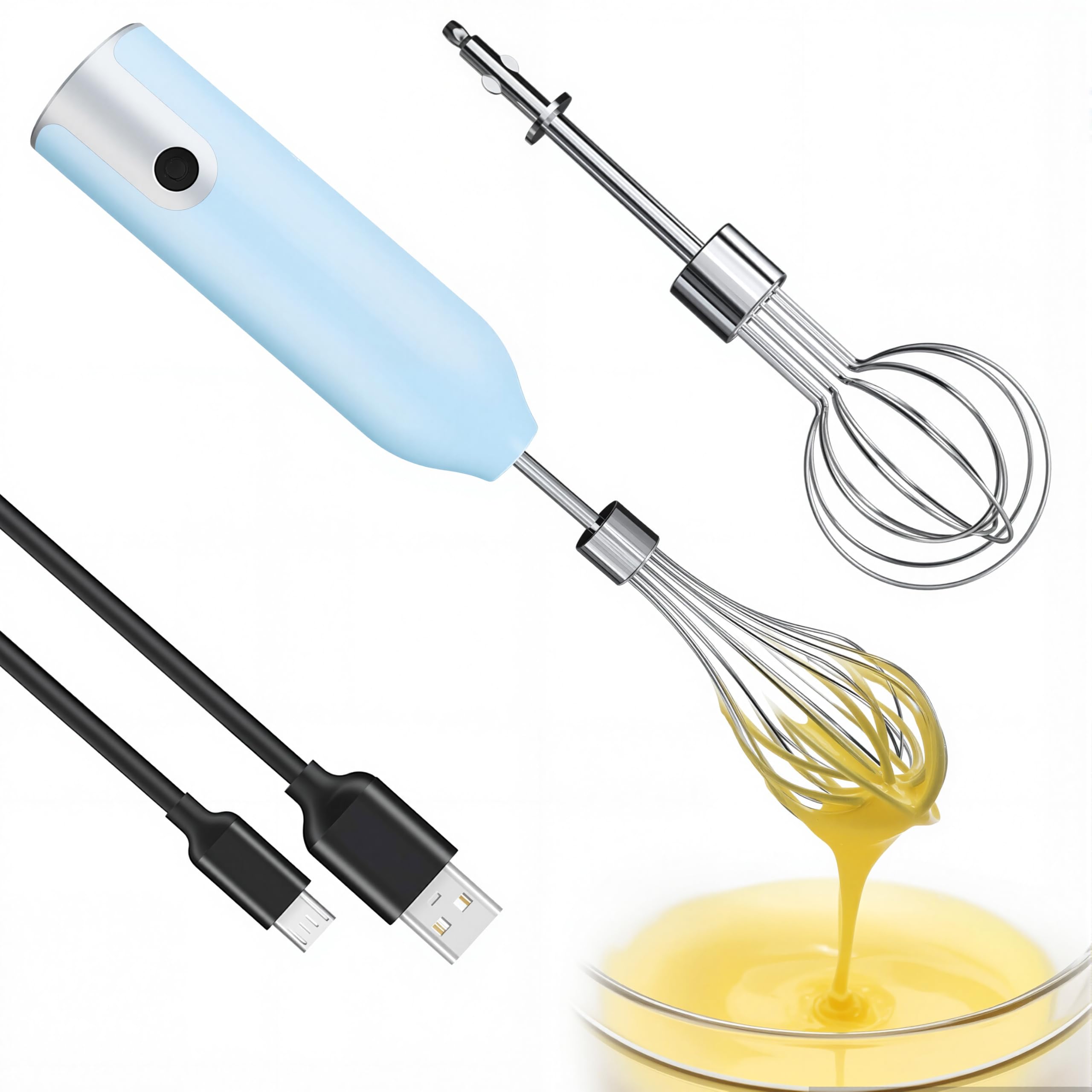 VOMELON Wireless Electric Egg Beater Whisk - Multi-speed, Light Blue, Rechargeable for Eggs, Milkshakes, Sauces & Soups
