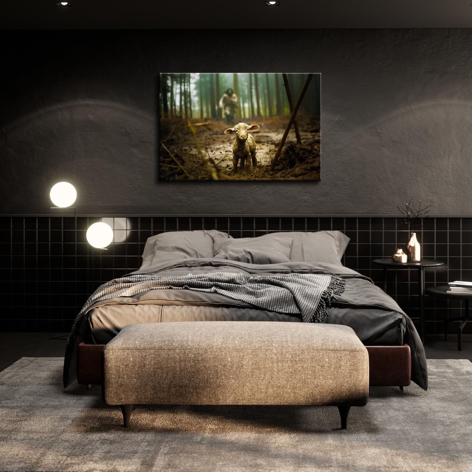 Yonica Jesus And Lamb Canvas Wall Art Jesus Running After Lost Lamb Picture Wall Art Canvas Print Christian 20X30 Inch Home Deco