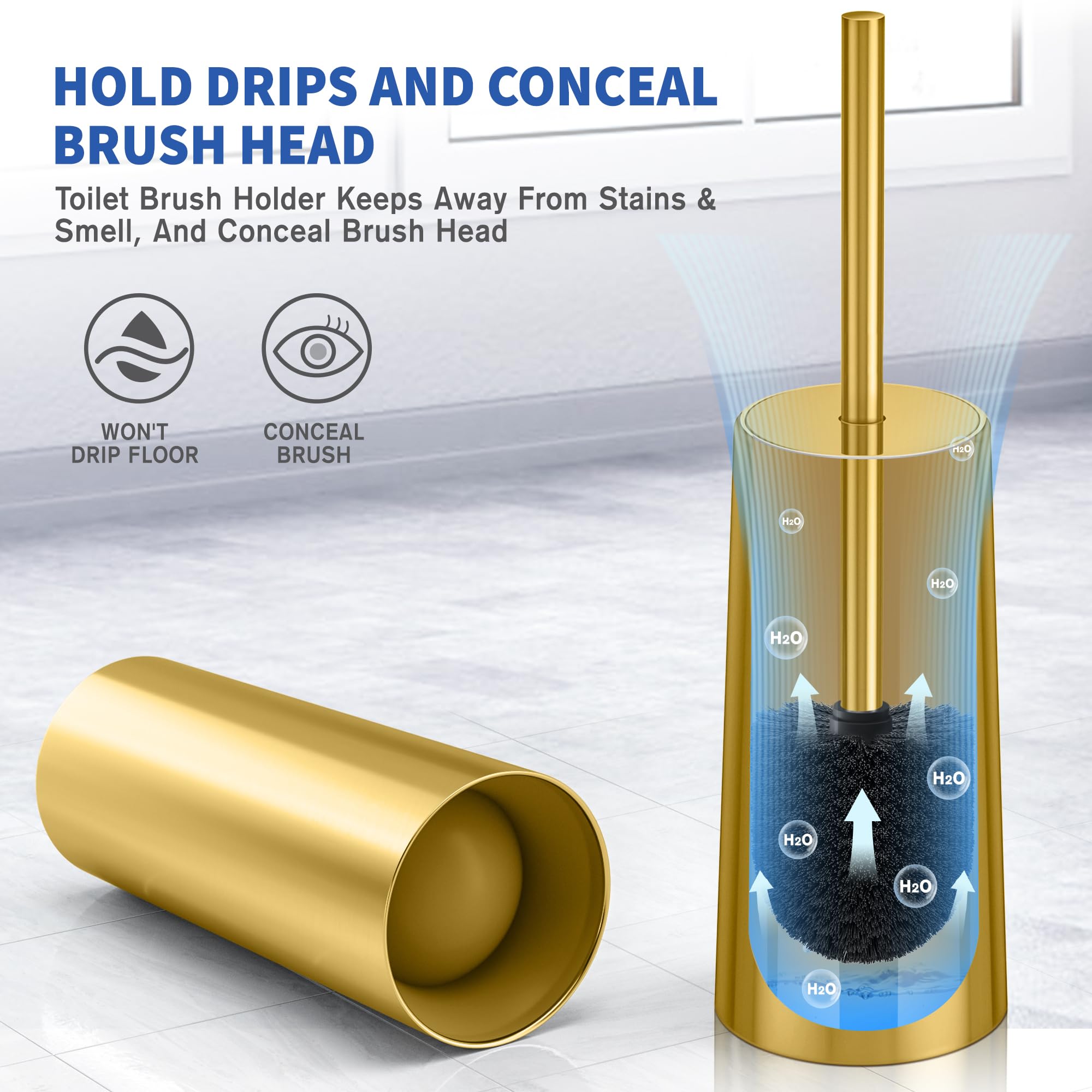 Ixo Stainless Steel Toilet Brush, 2 Pack, Gold, Elegant, Durable, Includes Holder