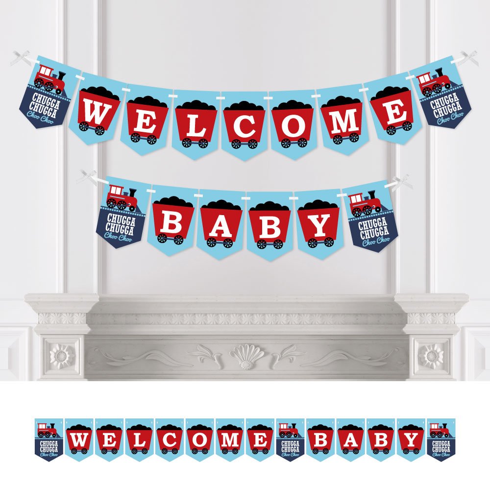 Big Dot Of Happiness - Railroad Party Crossing - Steam Train Baby Shower Bunting Banner - Party Decorations - Welcome Baby