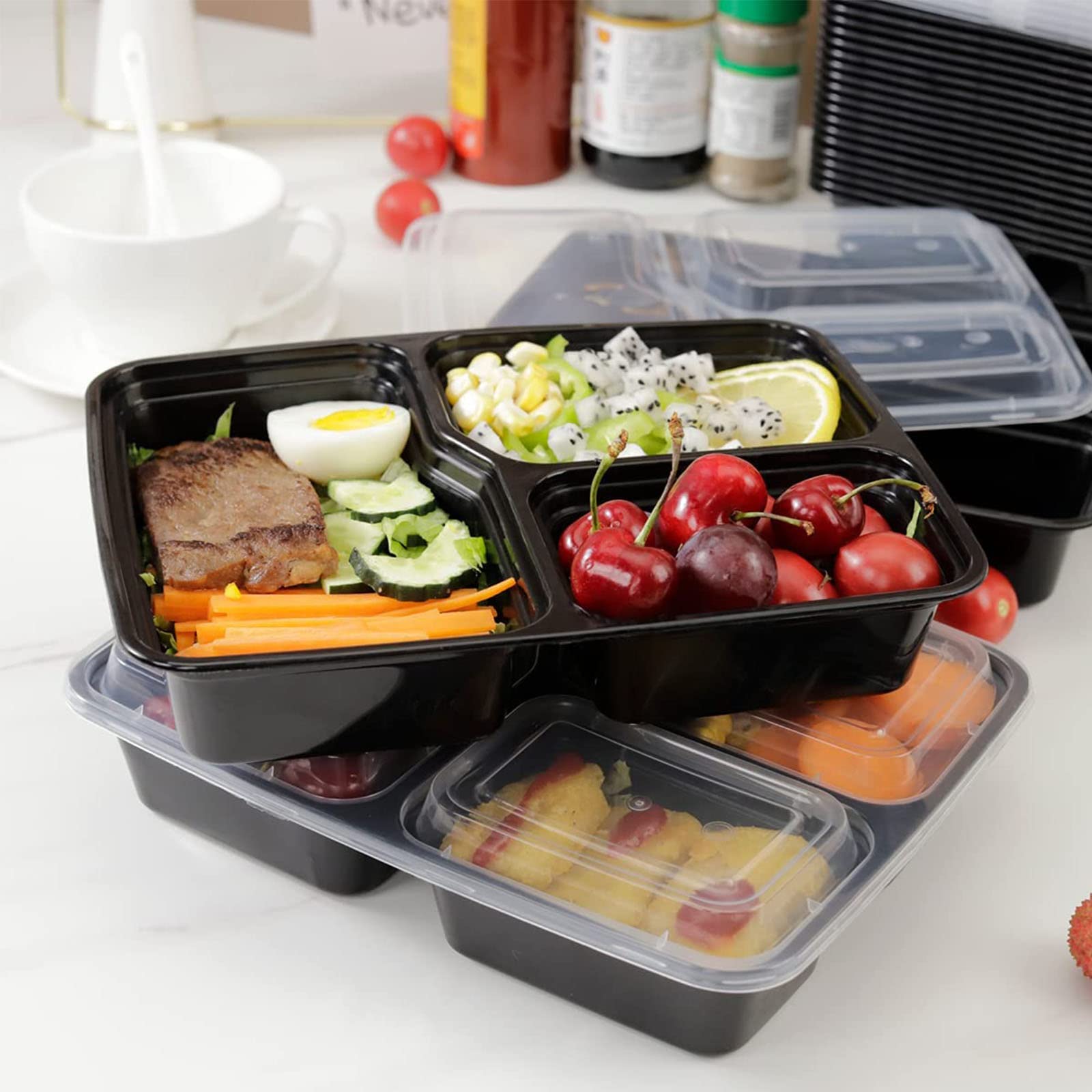 Morden Ms Meal Prep Container With Lids, 50 Pack 3 Compartment Reusable Food Storage Container Divided Plastic Bento Box Lunch B