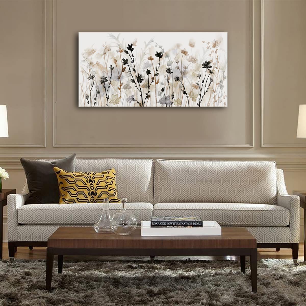 Abstract Floral Canvas Wall Art Grey Cream White Grass Flowers Canvas Pictures Modern Landscape Painting Botanic Artwork For Liv