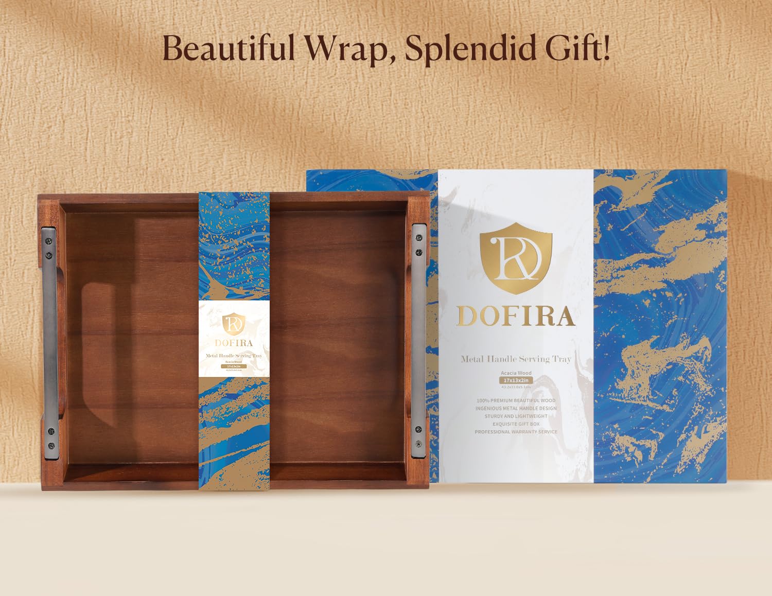 Dofira Acacia Wood Serving Tray With Metal Handles, 17X13In Food Drinks Tray For Coffee Table, Breakfast, Dinner & Bar, Rustic D