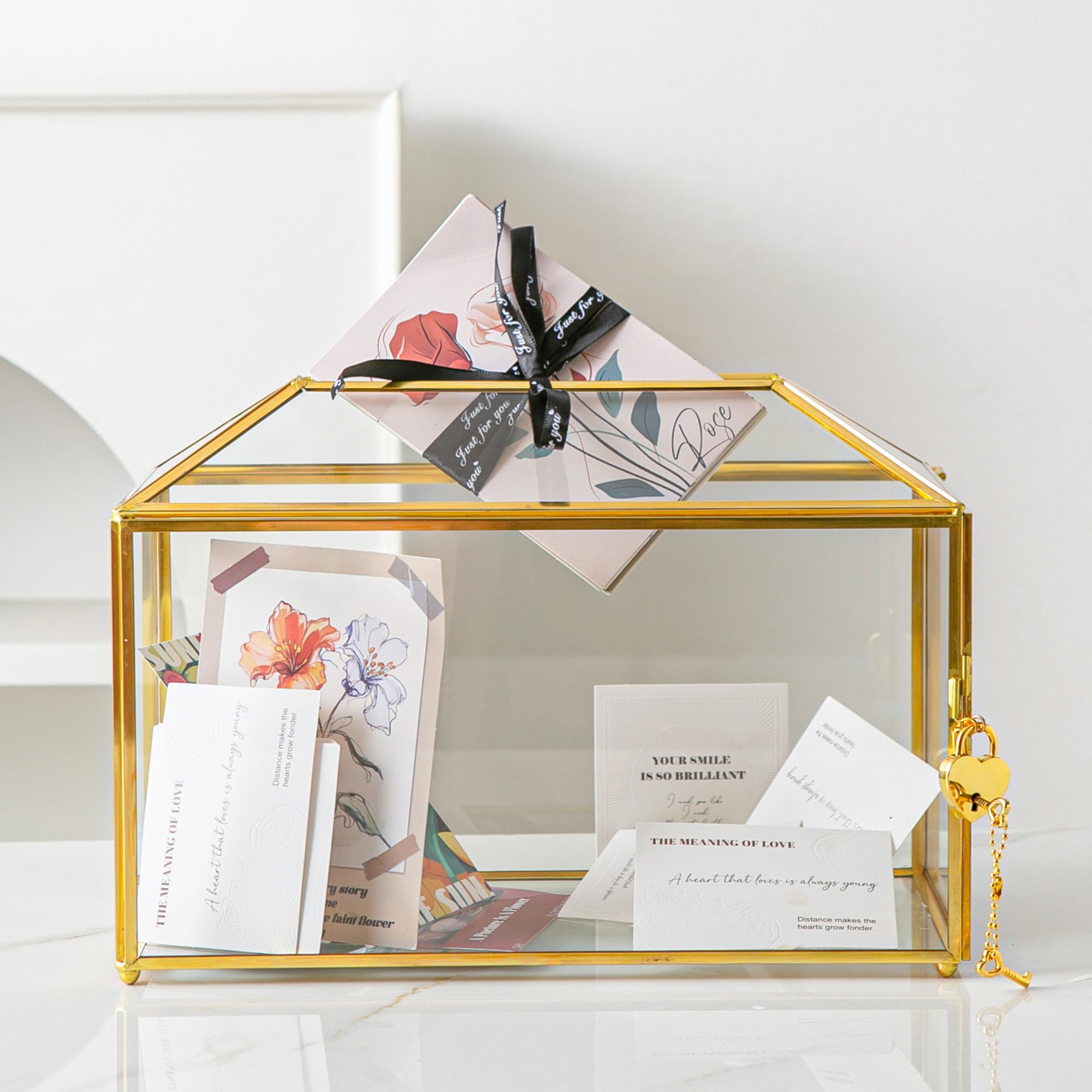 Sanllusit 12.6 x 6 x 9 Wedding Card Box with Slot and Lock, Glass Card Holder for Party Reception, Centerpiece, Home Decorative,