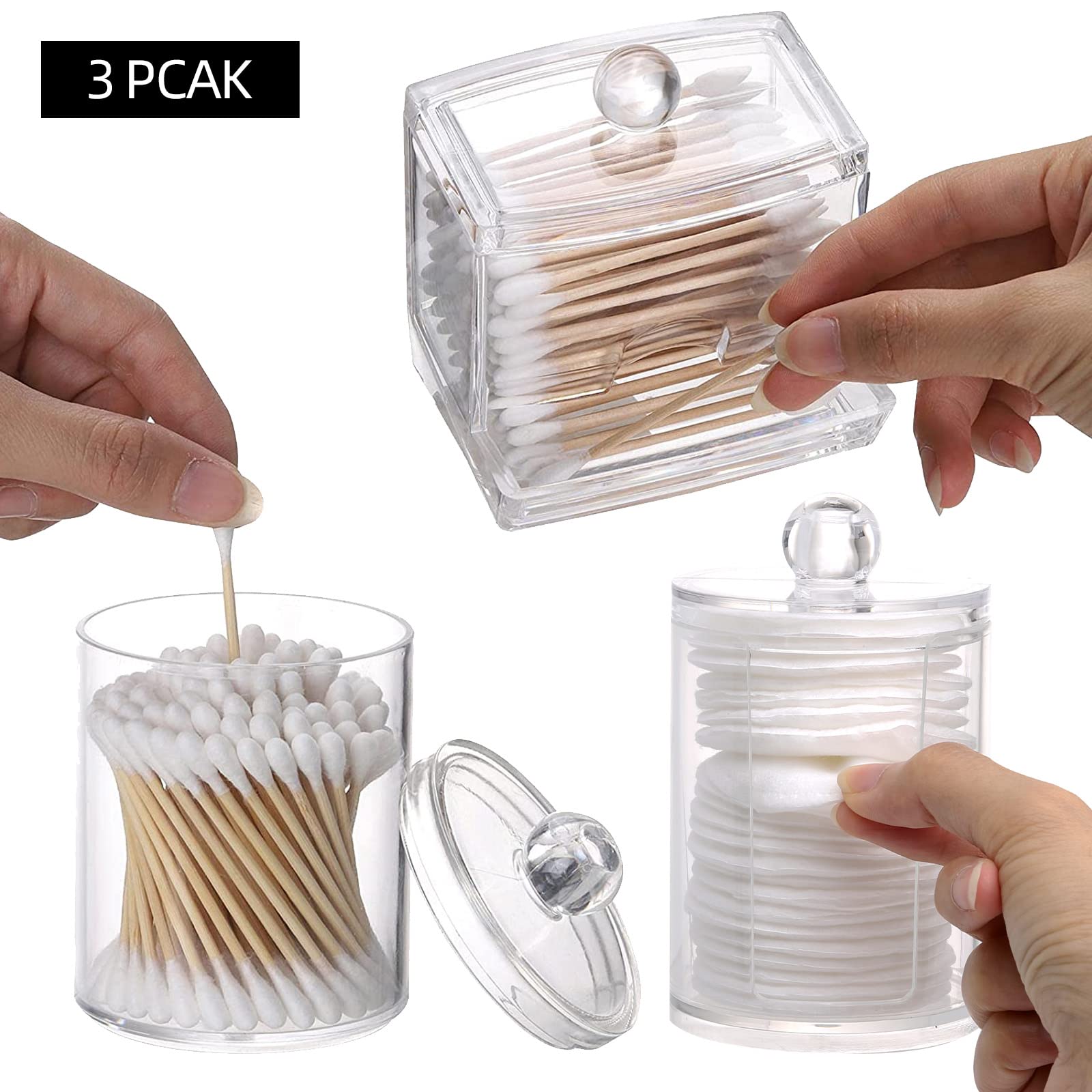 Tbestmax Bathroom Organizer Accessories Set-10 OZ 7 OZ Qtips Holder Storage with Clear Plastic Lids  Cotton Ball/Swabs Dispenser  Apothecary Container Jar 3 Pcs