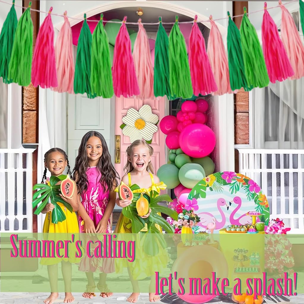 20PCS Pink and Green Tissue Garland,Paper Tassels Garland Banner Perfect for Party Decorations Baby Shower Summer Tropical Theme