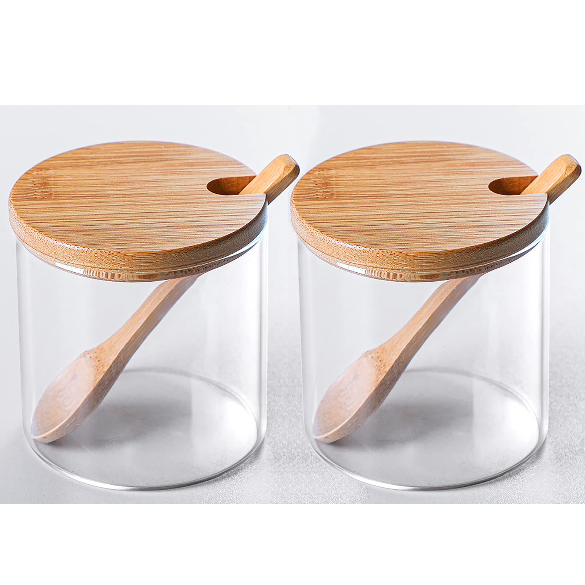 FANTESTICRYAN 2 PCS Clear Glass Condiment Canister Pots Set, Simple Stylish Decorative Storage Seasoning Container with Bamboo L