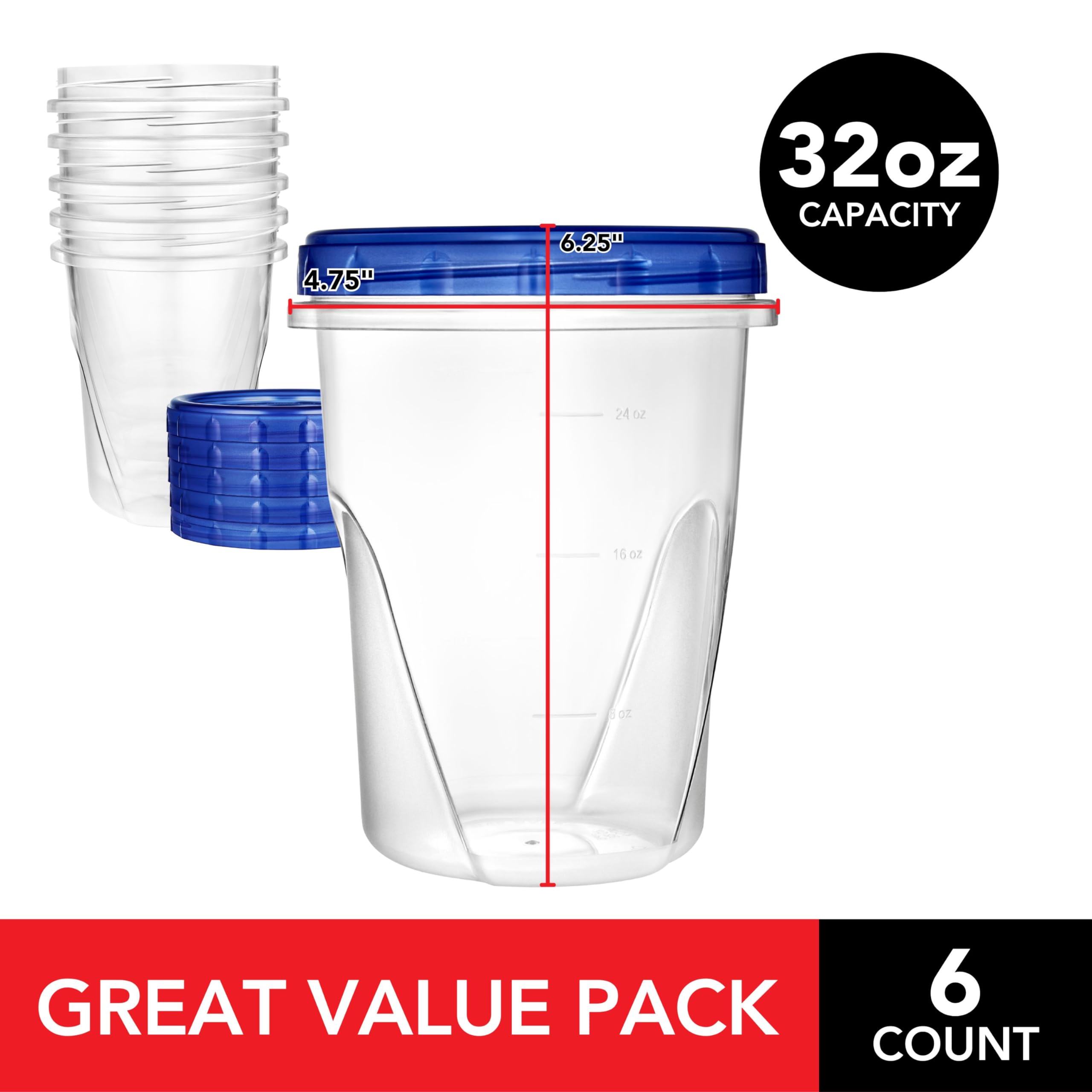 Stock Your Home 32Oz Plastic Containers With Twist Top Lids (6 Pack), Quart Freezer Containers With Lids For Leftover Food, Airt