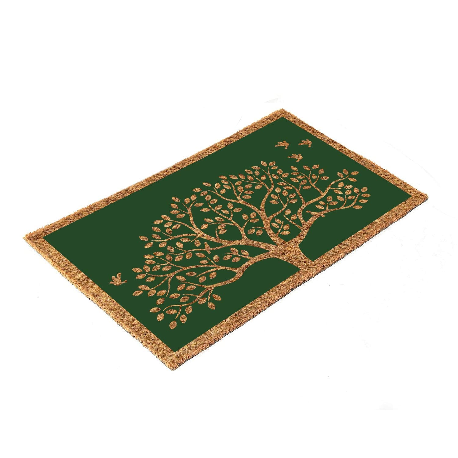 Onlymat Natural Coco Coir Green And Beige Attractive Tree With Birds Printed AntiSlip Doormat LongLasting, Heavy Duty, Large &