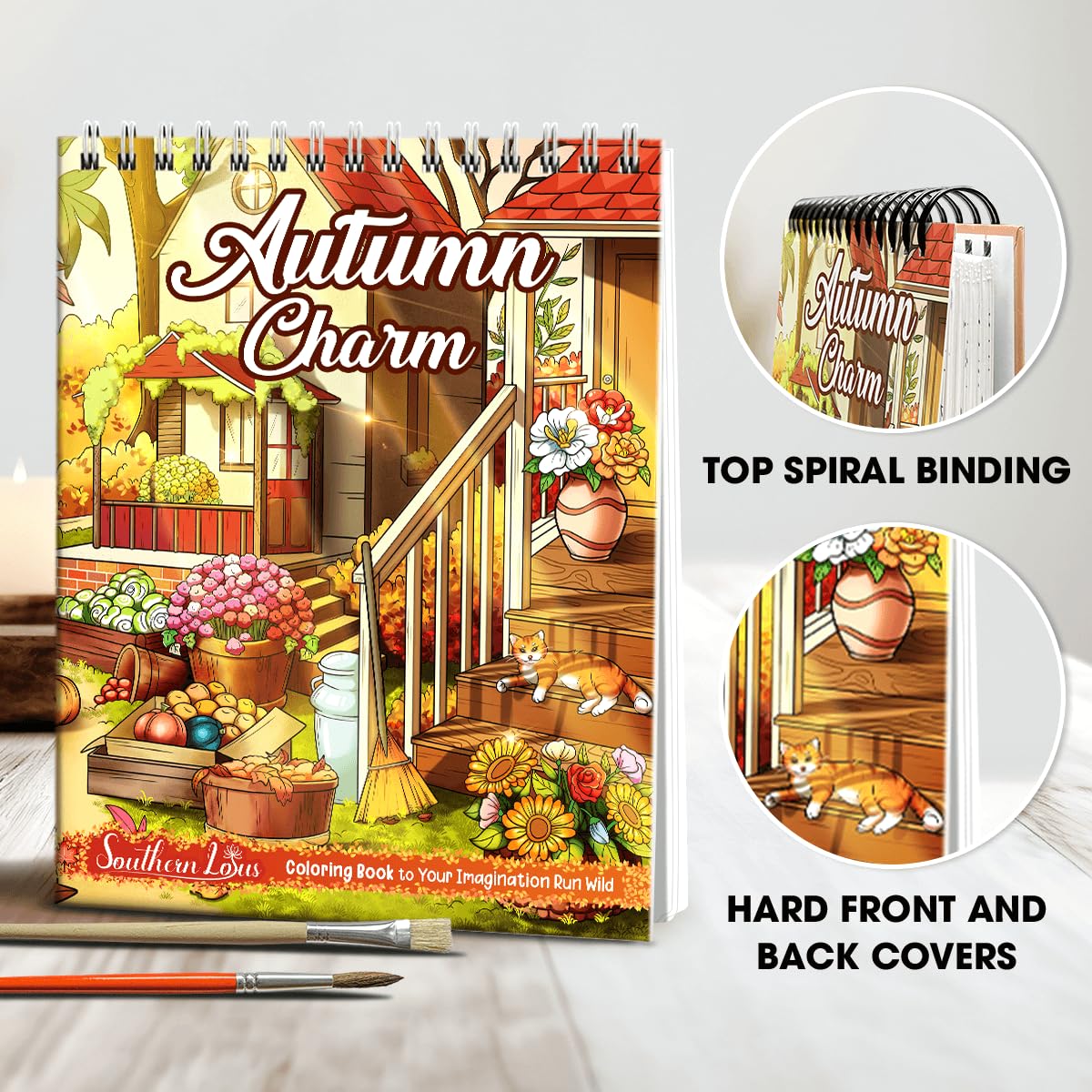 Autumn Charm Coloring Book For Adults Women Spiral Girls Wirebound Hardcover Large Print Pages With Charming Fall Scenes Beautif