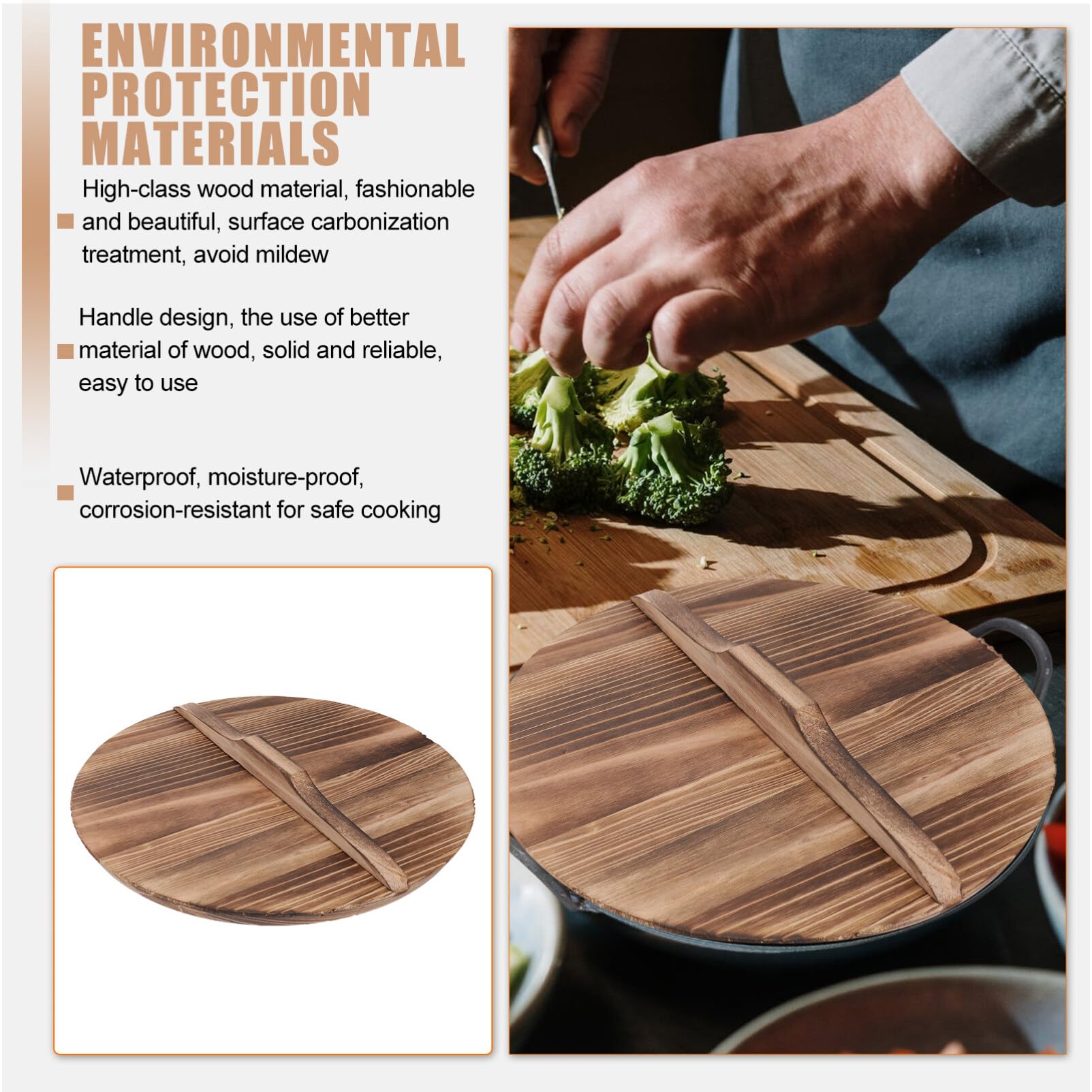 Cabilock Stainless Steel Cooking Utensils Wooden Pot Cover With Large Handle Wooden Wok Lid Anti- Hot Natural Wood Pot Lid Pan R