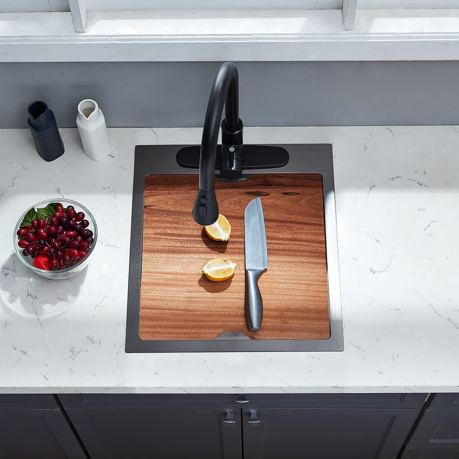 Ecochannels Kitchen Sink, 17 X 19 Inch Drop In Bar Sink Gunmetal Black Stainless Steel Workstation Sink Topmount Kitchen Sink Si