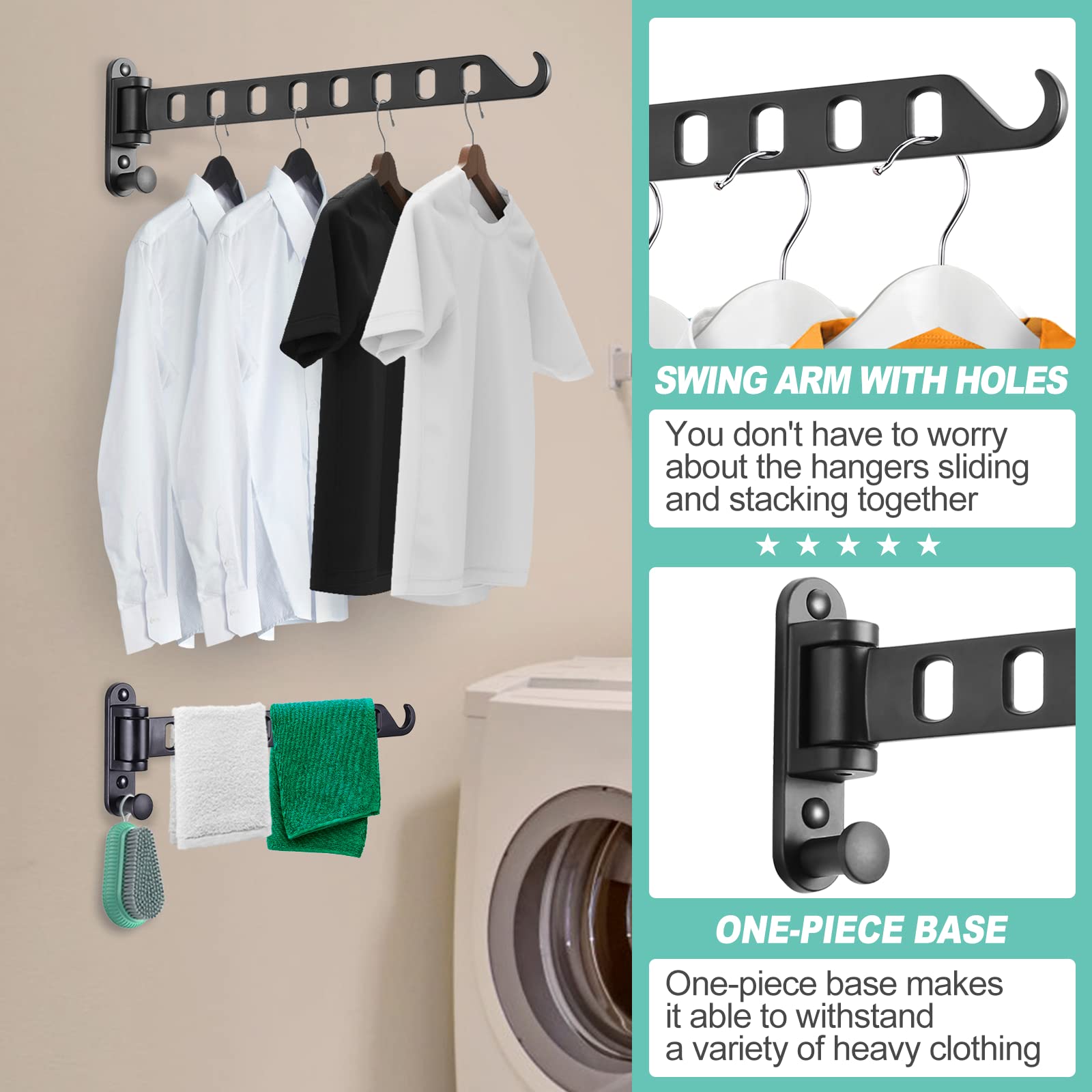 Skiken Swing Arm Clothes Hanger Rack Wall Mount, 8 Holes Hanging Rack, Laundry Room Drying Rack, 180Rotation, Swing Away Hanger