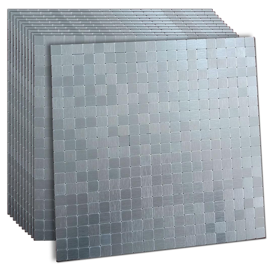 XUANINY 10-Sheet Peel and Stick Backsplash Tiles Brushed Surface Aluminum Mosaic Sticker for Kitchen (10 Brushed Silver)